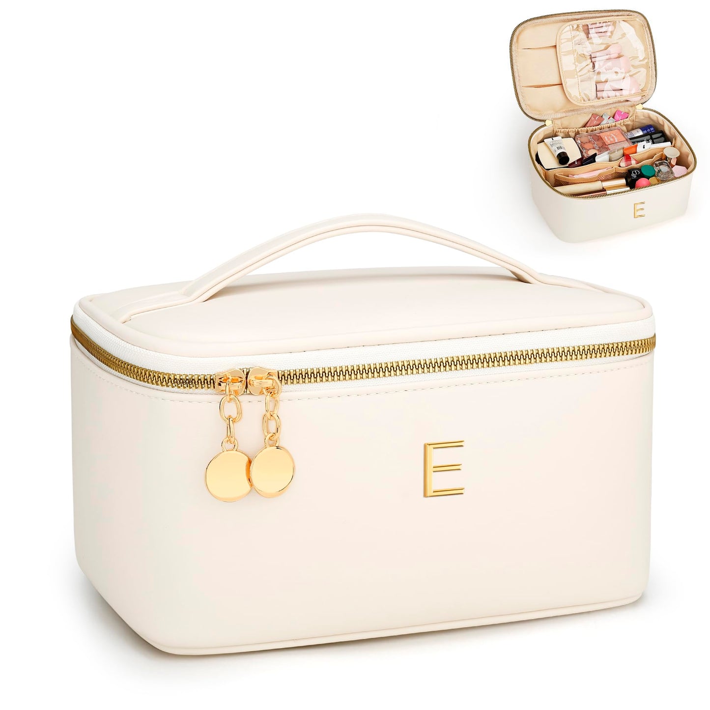 CLOUDWINGS Gifts for Women Travel Makeup Bag Personalized Cosmetic Bag Portable Large Capacity Toiletry Bag(Beige-E)