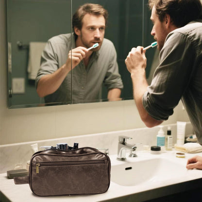 HEWTHM Mens travel toiletry bag Gift For Men, PU Leather Cosmetic Bag Water Resistant Dopp Kit Shaving Pouch Bathroom Toiletries Organizer(Coffee)