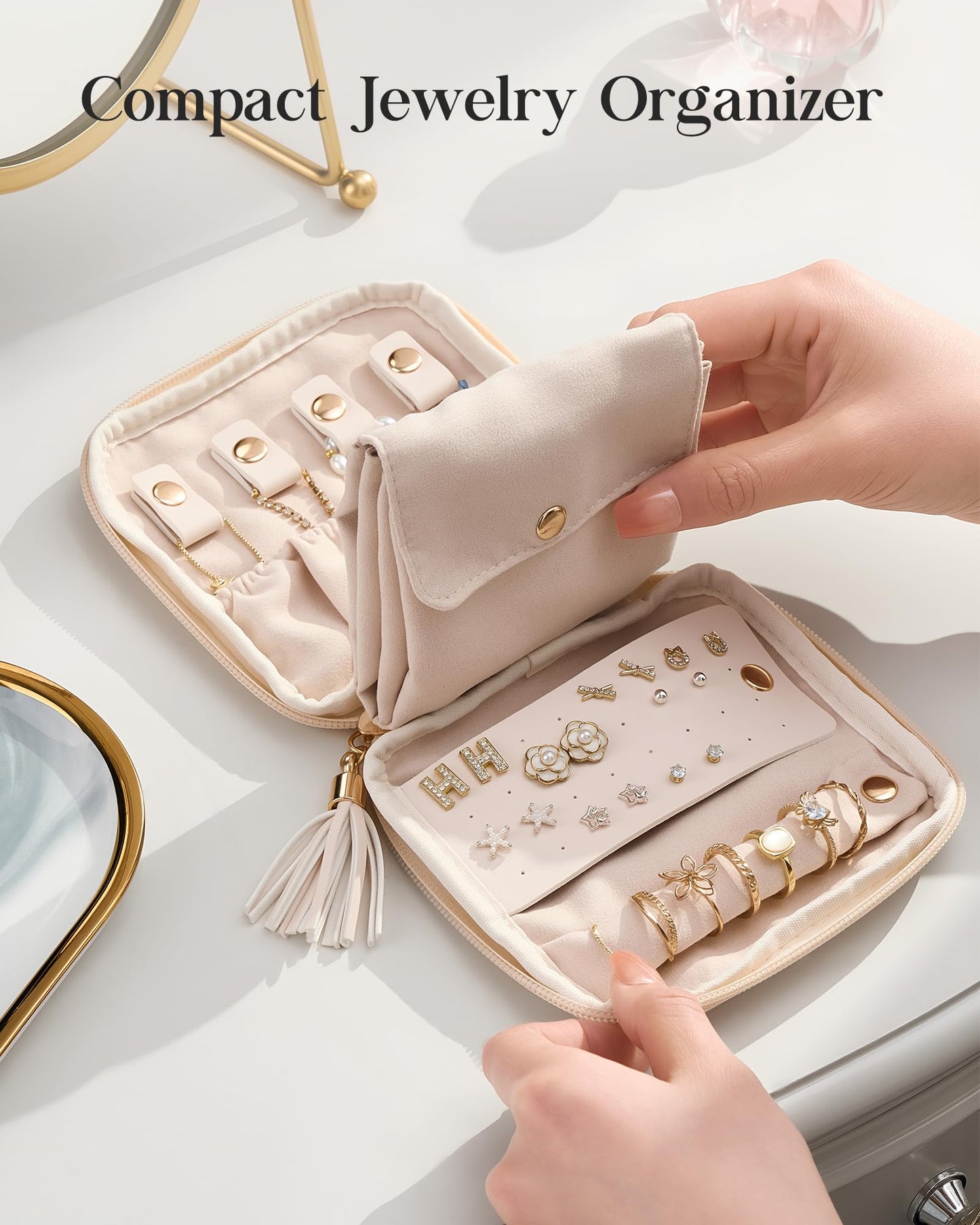 Lolalet Travel Jewelry Case Organizer, Small Jewellery Pouch with Compartments for Storage, Bag for Traveling Women, Packing for Necklaces, Earrings, Bracelets -Cloud White