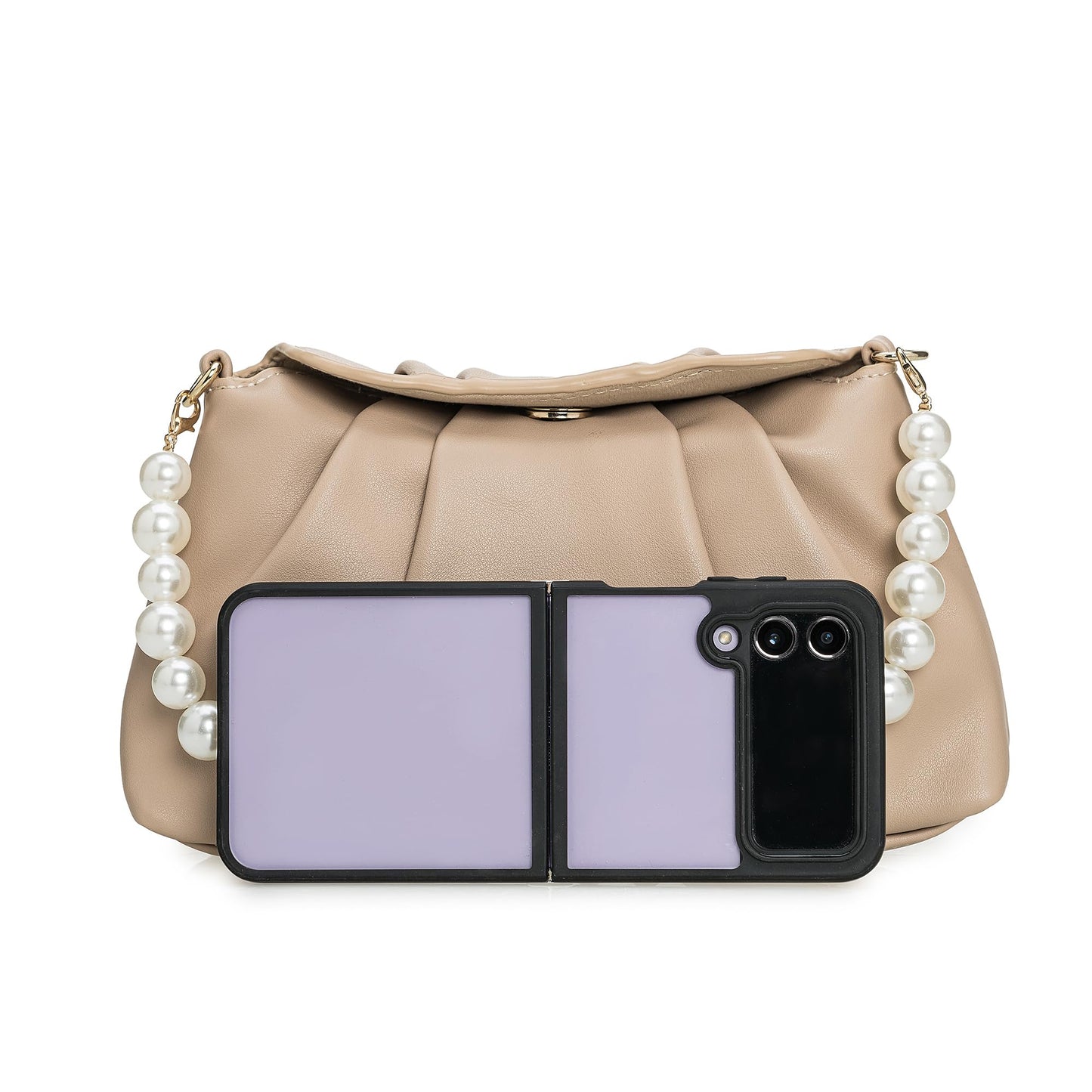 IXEBELLA PU Clutch Handbag for Women Evening Bag Formal Dressy Purse with Pearl Strap (Taupe)