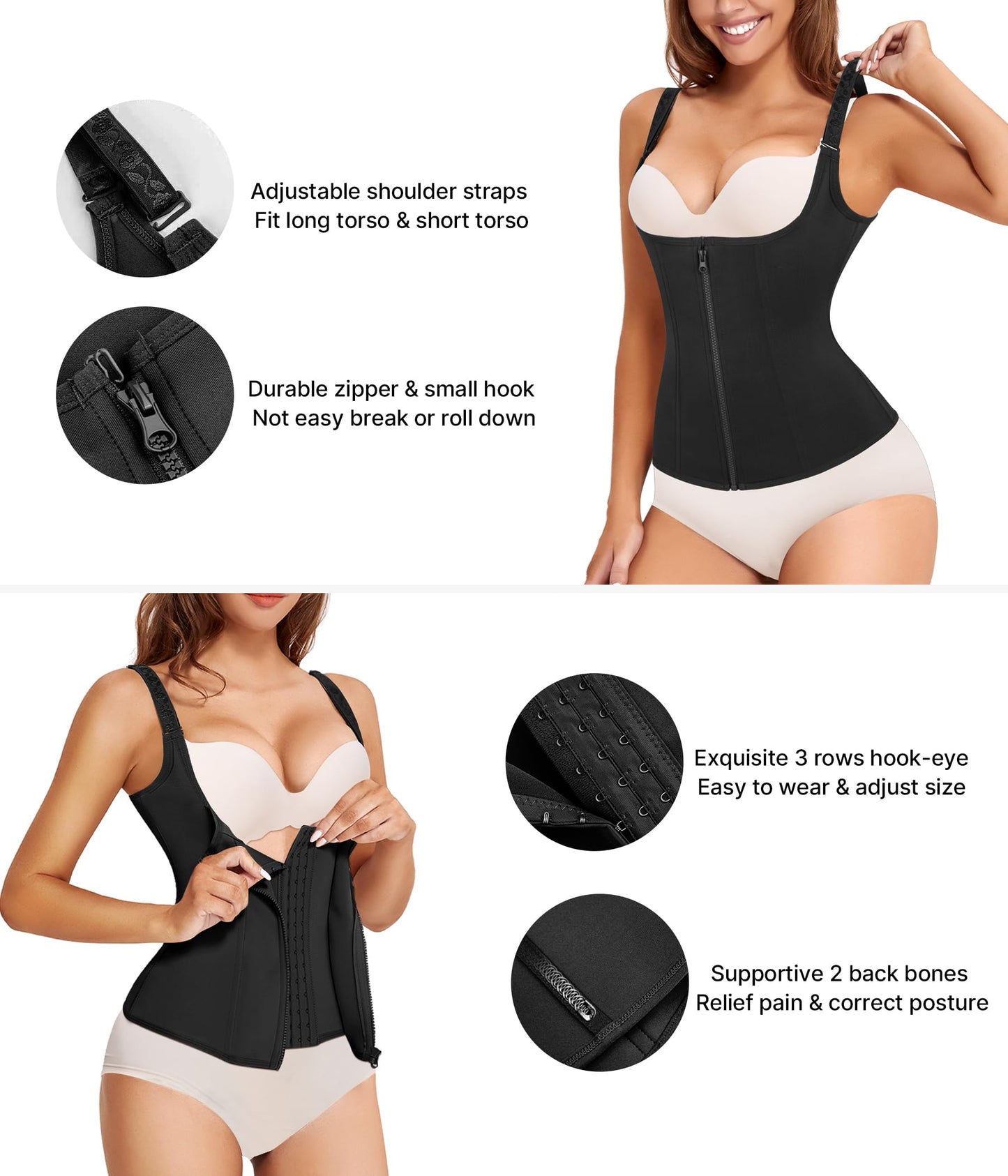 Nebility Women Waist Trainer Corset Zipper Vest Body Shaper Cincher Tank Top with Adjustable Straps (L, Black)