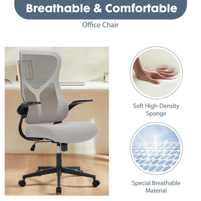 Sweetcrispy High Back Office Chair - Ergonomic Computer Gaming Mesh Chairs with Lumbar Support, with Soft Flip Up Arms, Adjustable Height and 360° Wheels, 120° Tilt, Grey