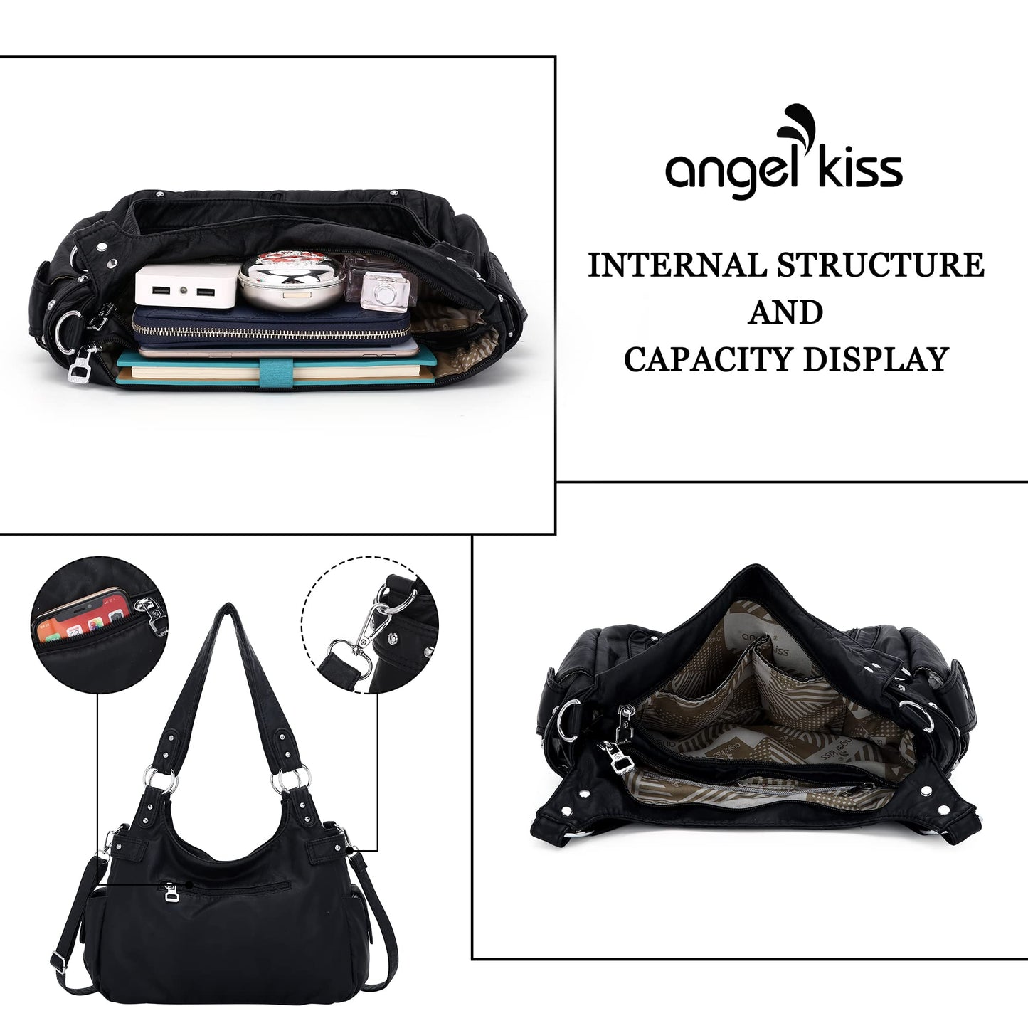 Angel Kiss Large Purses and Handbags for Women Washed Faux Leather Crossbody Hobo Satchel Shoulder Handbag Tote Purse