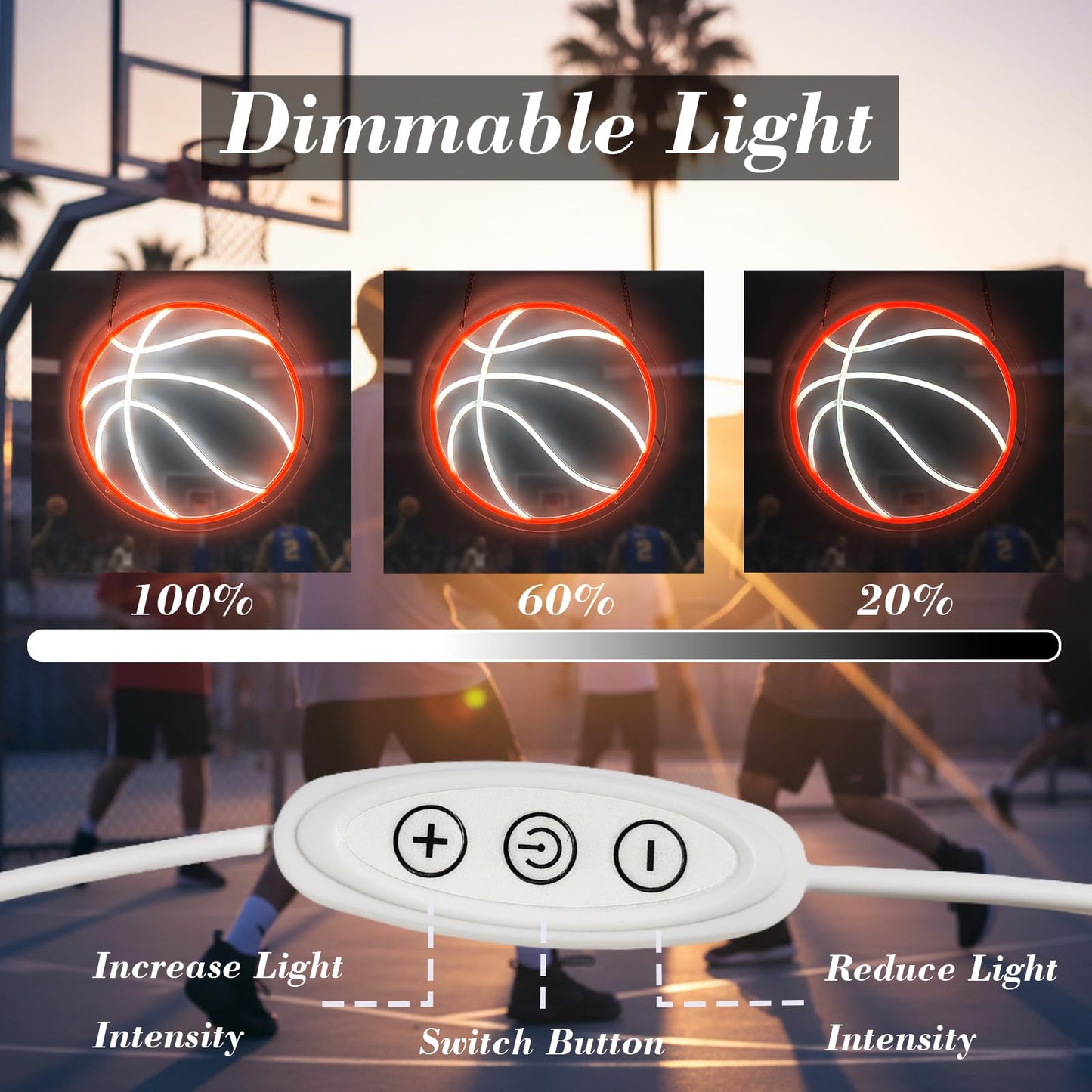 Basketball Neon Sign for Wall Decor, Dimmable LED Light for Bedroom Sports Room Decor, Basketball Gifts for Boys 8-12, 12.6 x 12.6 Inches