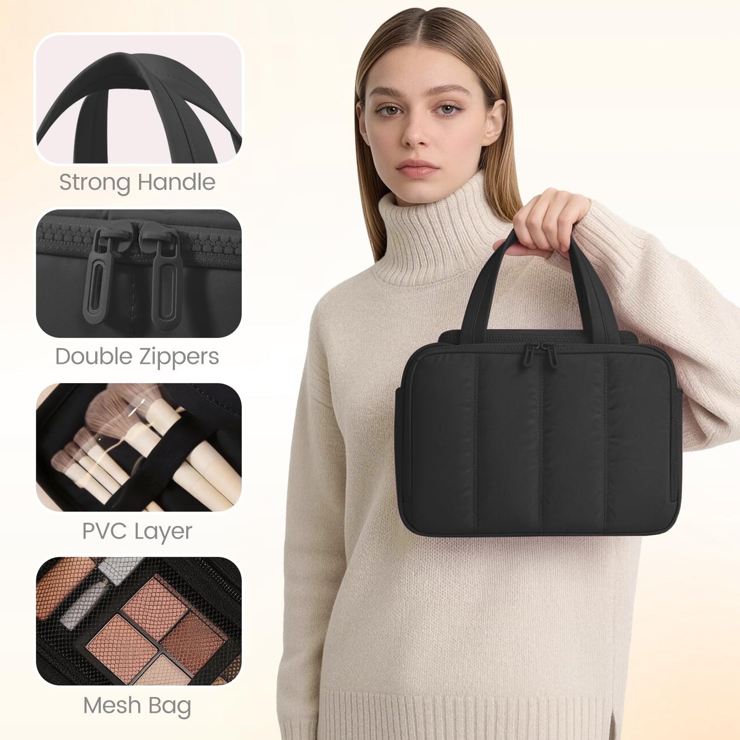 SODEER Toiletry Bag for Women Puffy Large,Travel Makeup Bag,Large Toiletry Bag with Adjustable Dividers,Waterproof Cosmetic Travel Bag with Trolley Sleeve,Toiletries Organizer,Black