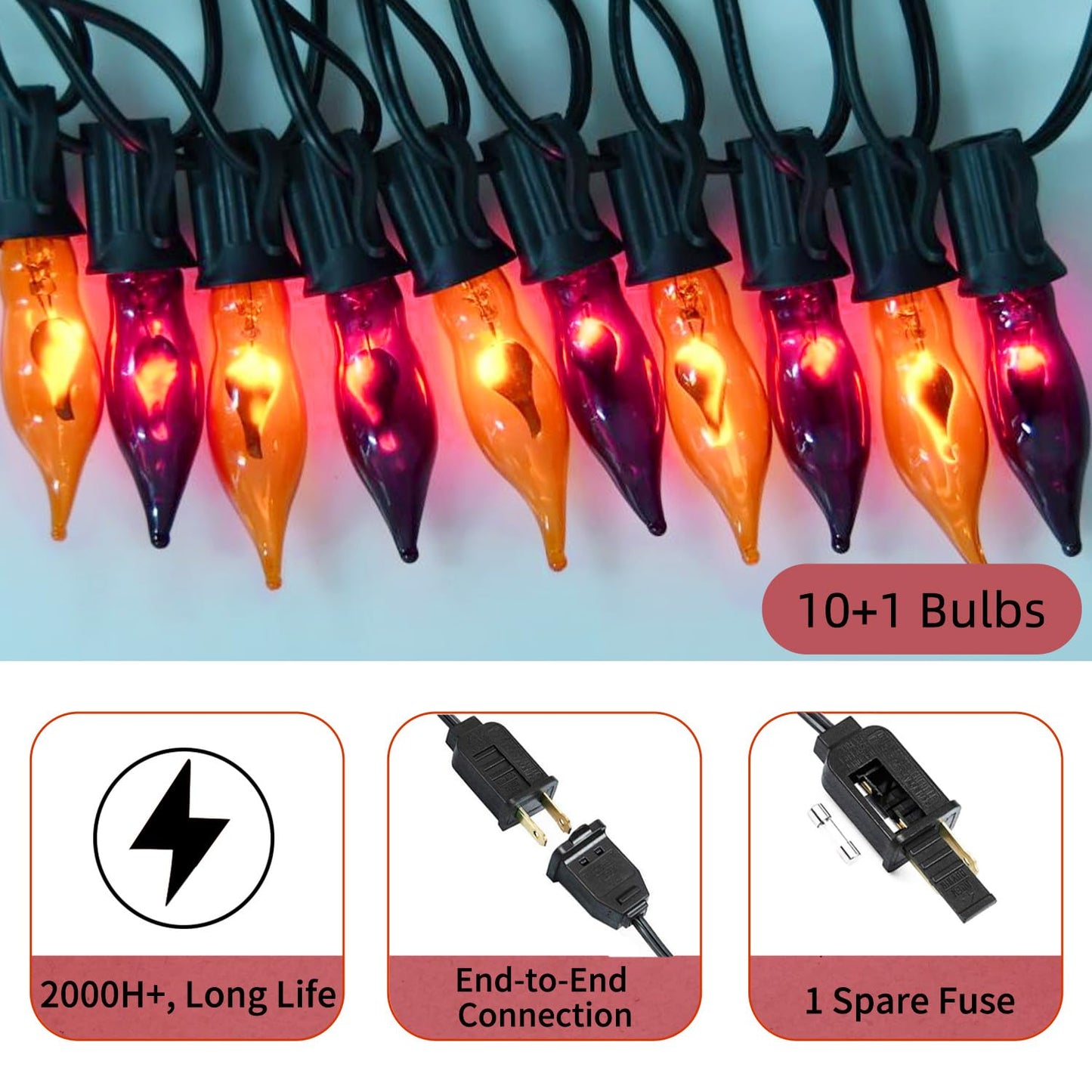 PASUTO Orange and Purple Halloween Lights - Flickering Flame String Lights, 12.8Ft Indoor Outdoor Halloween Lights C7 Retro Flame String Lights, Ideal for Fall Halloweens Decorations for Home Party