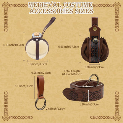 A ANGG Renaissance Belt, 5 Pcs Renaissance Accessories Women Medieval Belt Potion Bottle Corset Pouch Skirt Hike, Halloween Cosplay Costume Accessories（S Brown