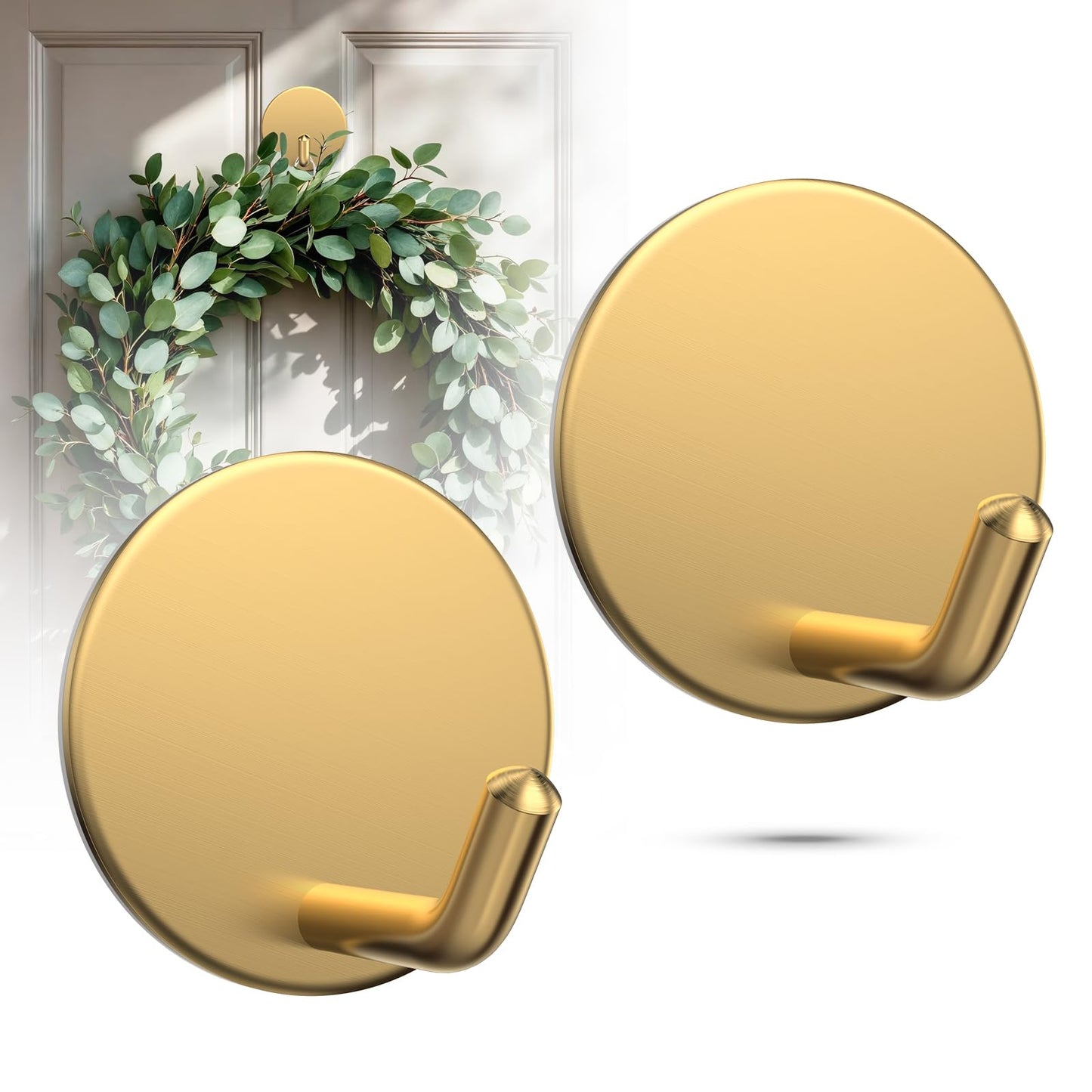 OUTXE Adhesive Wreath Hanger, Heavy Duty Reef Hook | for Front Door Glass Window | for Christmas/Thanksgiving/Halloween/July 4th/Easter/Valentine/Fall/Summer/Spring (Gold, 2-Pack)