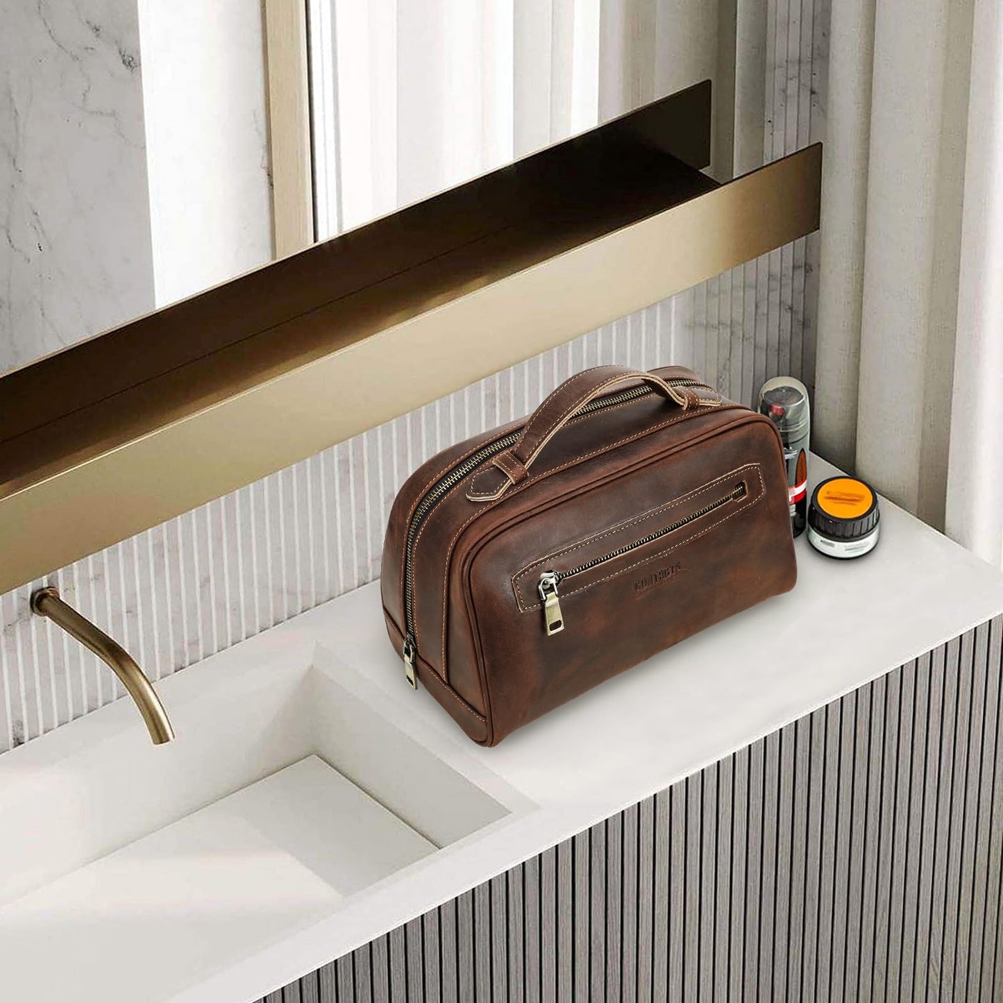 Contacts Full Grain Leather Travel Toiletry Bag for Men Wash Bag Bathroom Shaving Dopp Kit Toiletries Organizer Vintage Cosmetic Bag