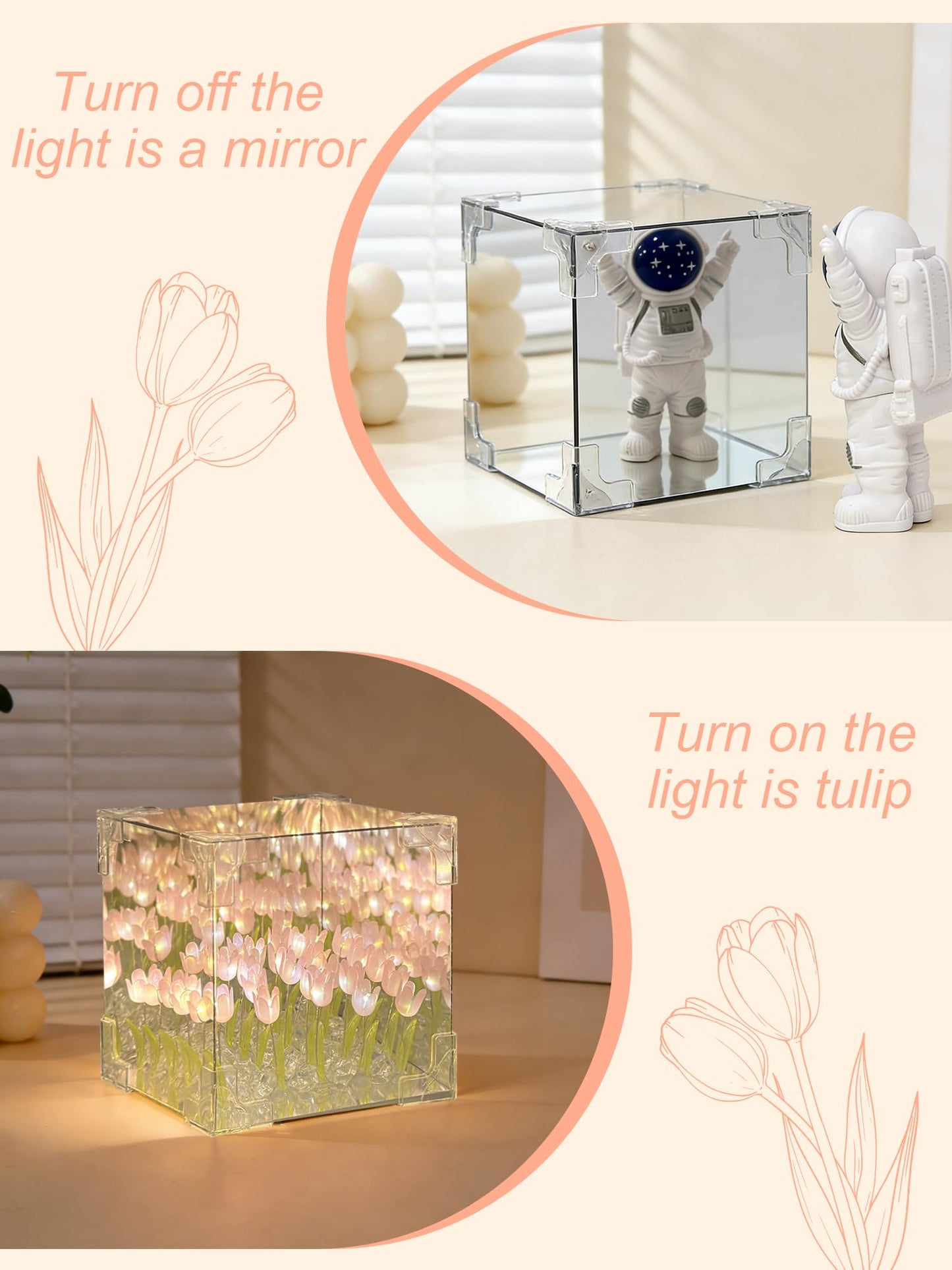 DIY Tulips Cube Mirror Lamp,Finished Tulip Night Light,Handmade Tulip Flower Magic Lights,Bedroom Living Room Desktop Decor for Mom,Girl,Couple,Friend Birthday Gift(Includes 13 LR44 Button Batteries)