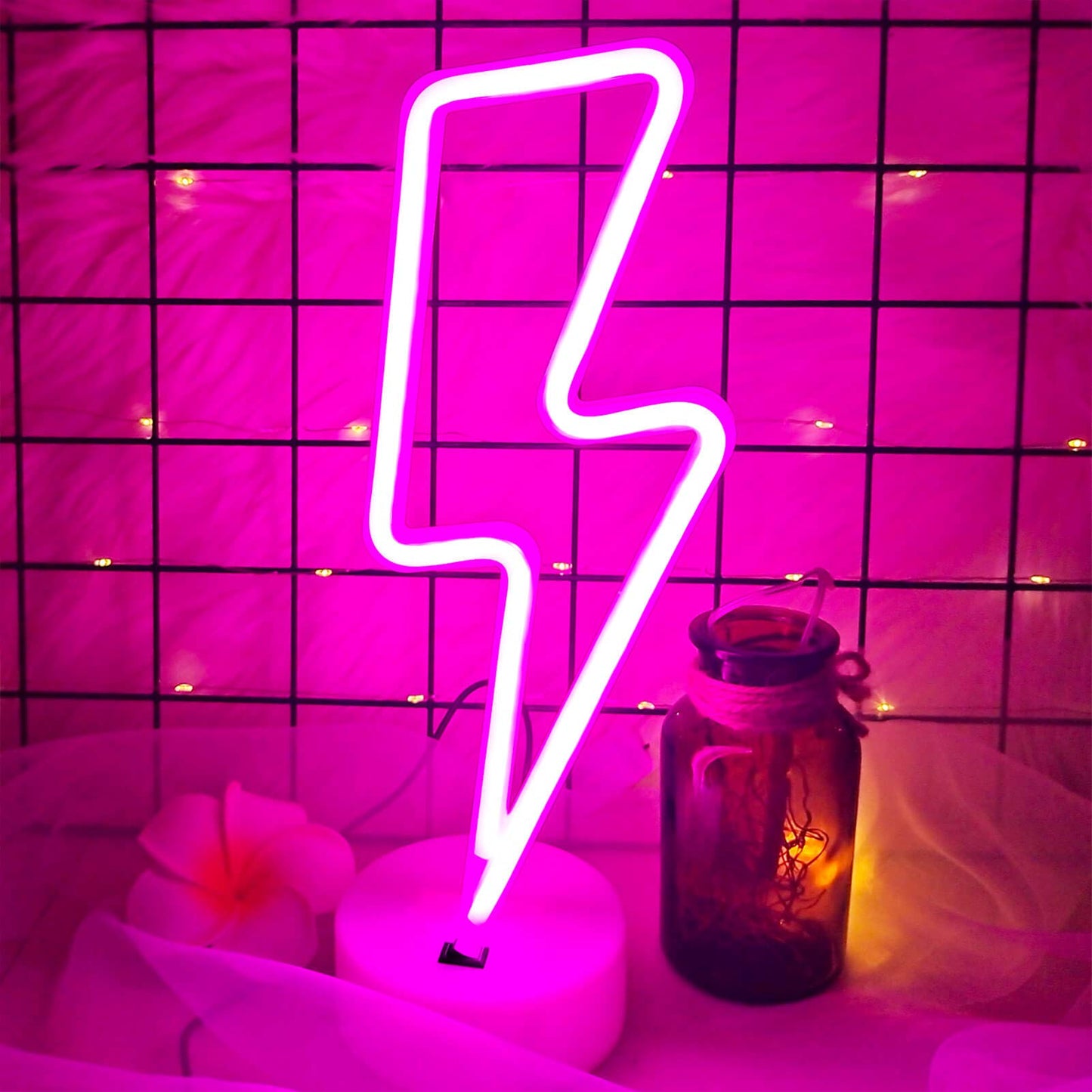VIFULIN Pink Lightning Bolt Neon Sign, Aesthetic Room Decor for Bedroom, Battery/USB Operated LED Light with Base