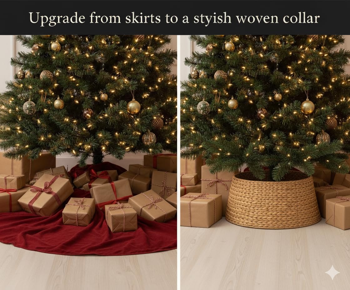 Hyacinth Christmas Tree Collar 27" - Natural Hand-Woven Basket Base Cover - Warm and Cozy Rustic Farmhouse Decoration - Tree Skirt Alternative - Tree Ring (Large)