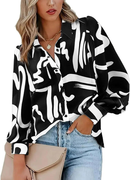 Zeagoo Womens Shirts Button Down Printed Lantern Long Sleeve Blouse Fashion Casual Tops 2025