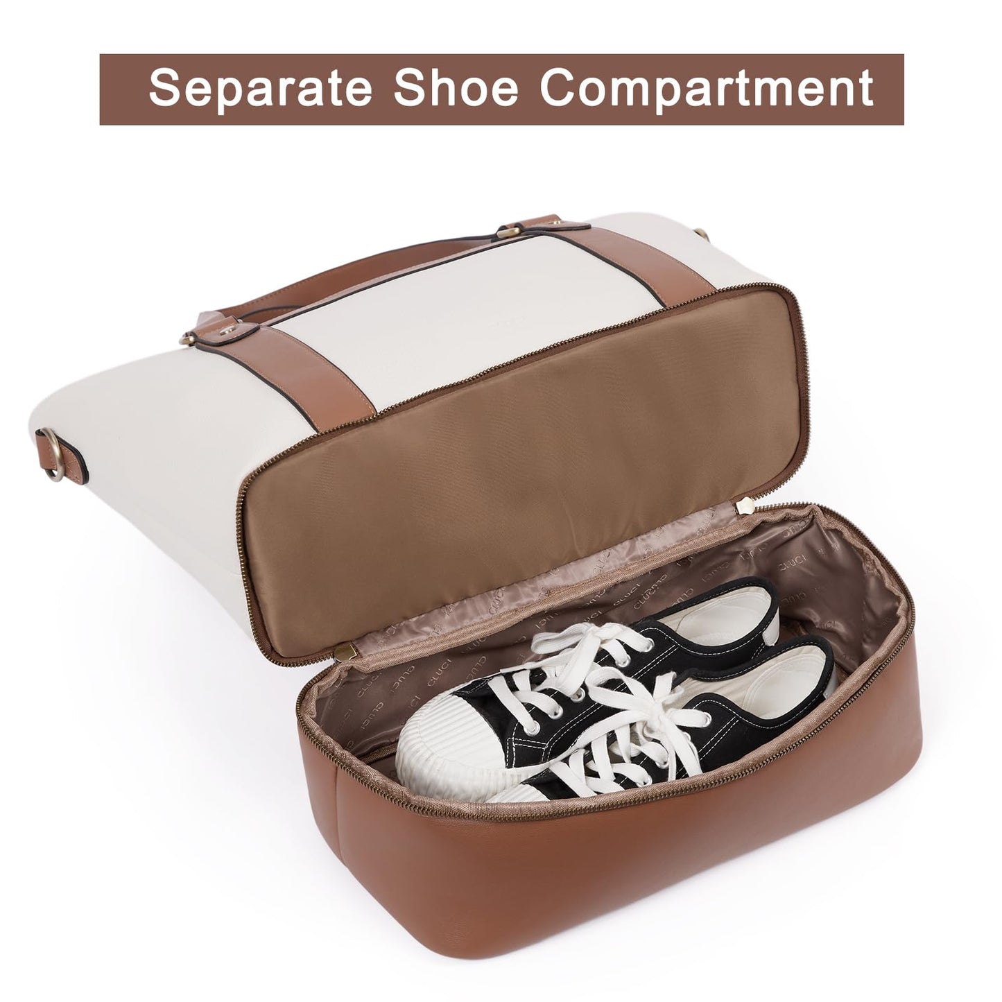 CLUCI Travel Leather Duffel Bag Weekender Bag for Women Carry on Overnight Bag Beige with Brown