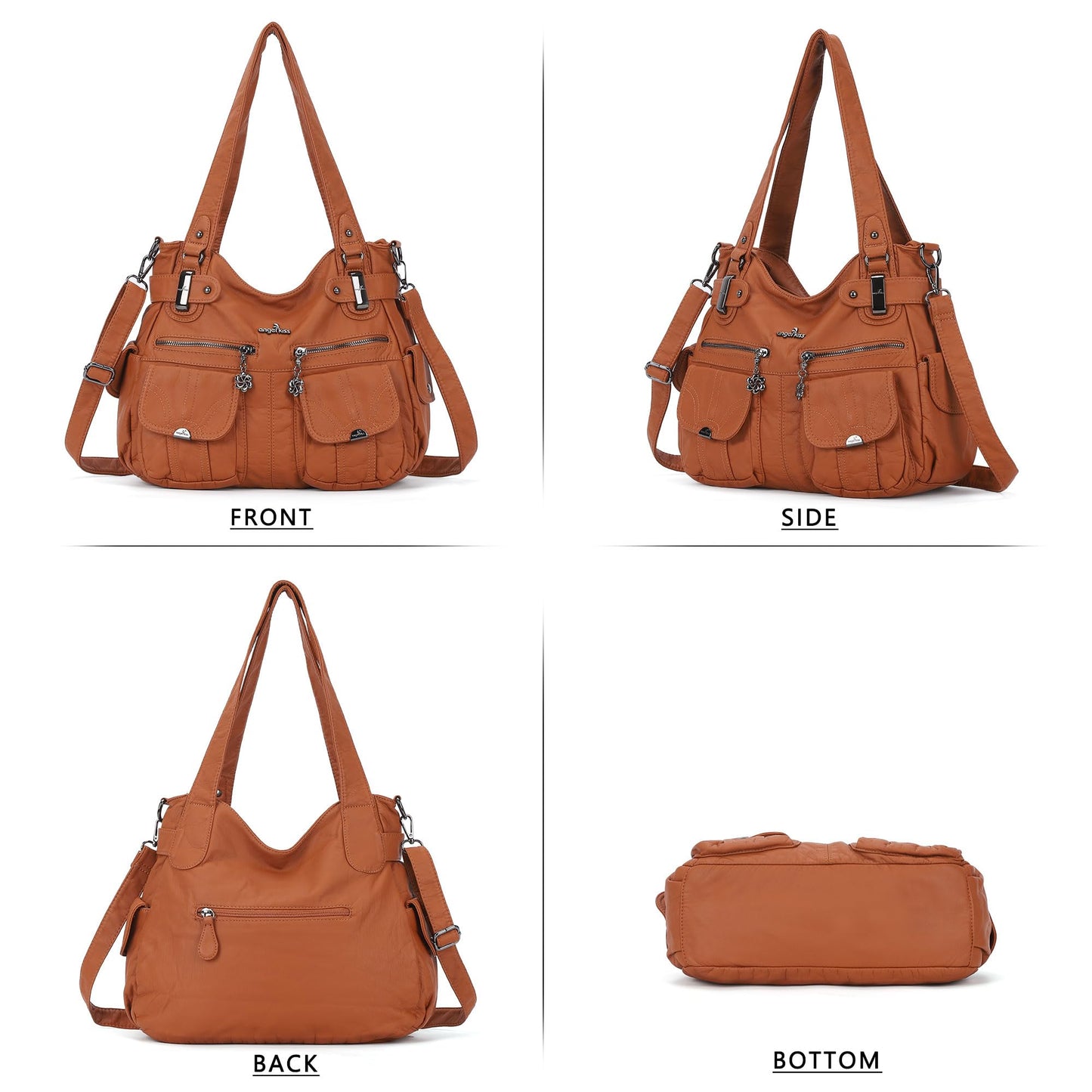 Angelkiss Women's Designer Handbag Large Double Zipper Multi Pocket Washed, Brown
