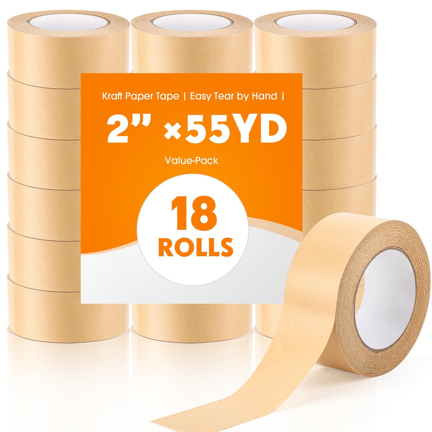 Treela 18 Rolls Brown Packing Tapes Bulk 2 Inch x 55 Yards Kraft Paper Tape Packaging Tapes Tear by Hand for Cardboard Masking Sealing Boxes Express Parcels Office Use
