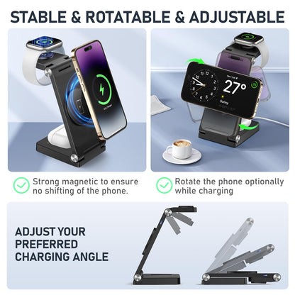 Magnetic Wireless Charger Stand, 3 in 1 Foldable Wireless Charging Station with 20W Adapter, Travel Charger for Multiple Devices for iPhone 17 16 15 14 13 12 Pro/Max/Plus/Mini, iWatch, AirPods