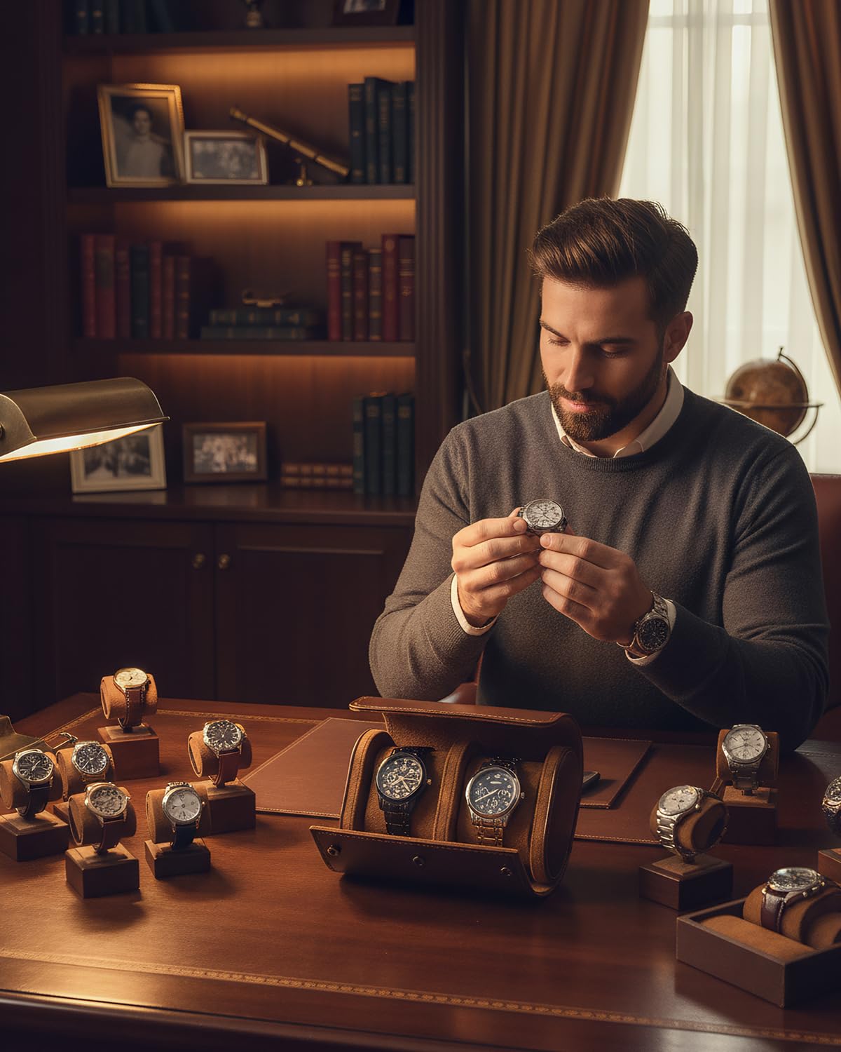 MR.OKAY 2 Watch Travel Case-Classic Leather Watch Case With Superb Texture.Portable Watch Roll Or Organizer For Storage And Display. Best Travel Gift for Men,All Handcrafted By Artisans.
