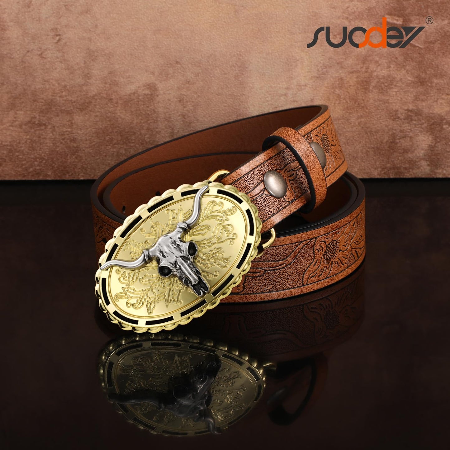 SUOSDEY Kids Western Cowboy Belt for Boys Girls,Toddler Cowgirl Embossed Leather Belt with Longhorn Bull Buckle