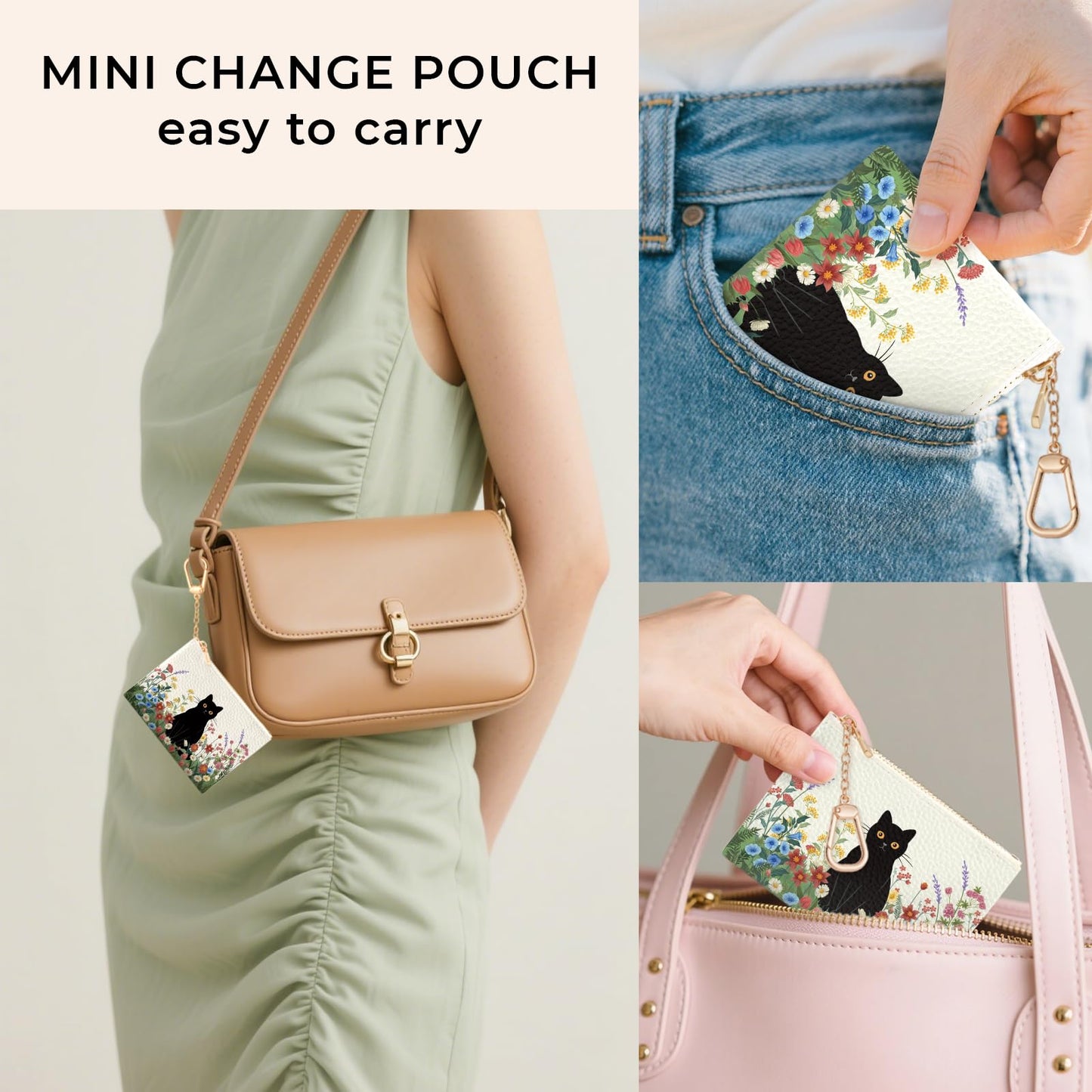 Sukyerios Black Cat Flower Floral Keychain Coin Purse for Women, Small PU Leather Change Pouch, Zipper Little Tiny Travel Wallet for Girls, Cute Kawaii Zip Pocket Coin Holder with Key Ring