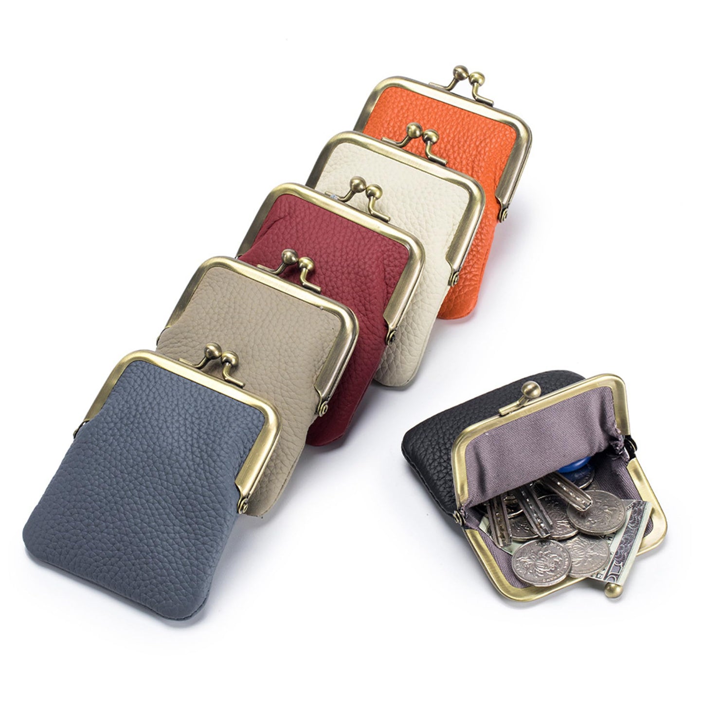 ZZHAOYI Women Genuine Leather Clutch Coin Purse Mini Kiss Lock Change Purse Wallet Slim Retro Coin holder Purse (White)