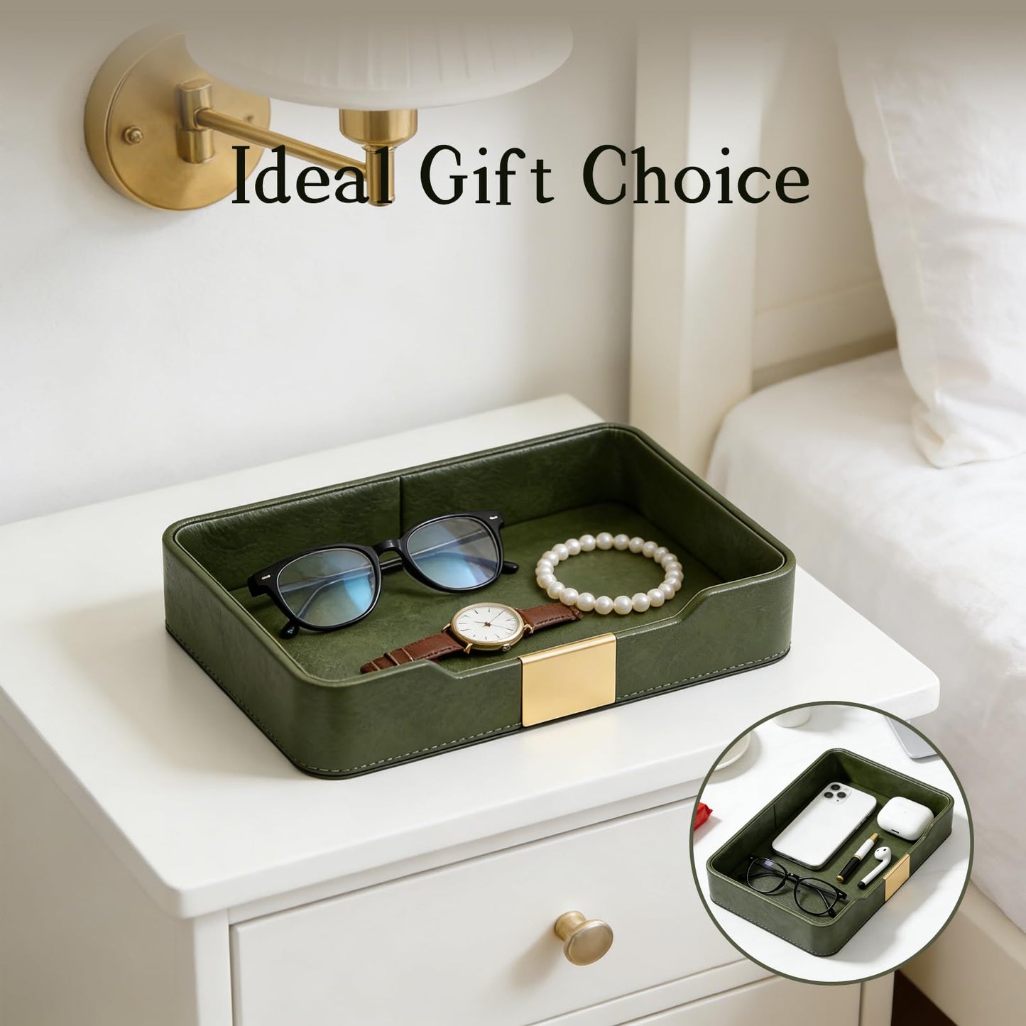 HPZIHYNAP Green Luxury Leather Jewelry Tray - Stylish Desk Accessories & Nightstand Organizer for Holding Jewelry, Watch, Keys, Phone & Wallet (Entryway/Desktop Decor)