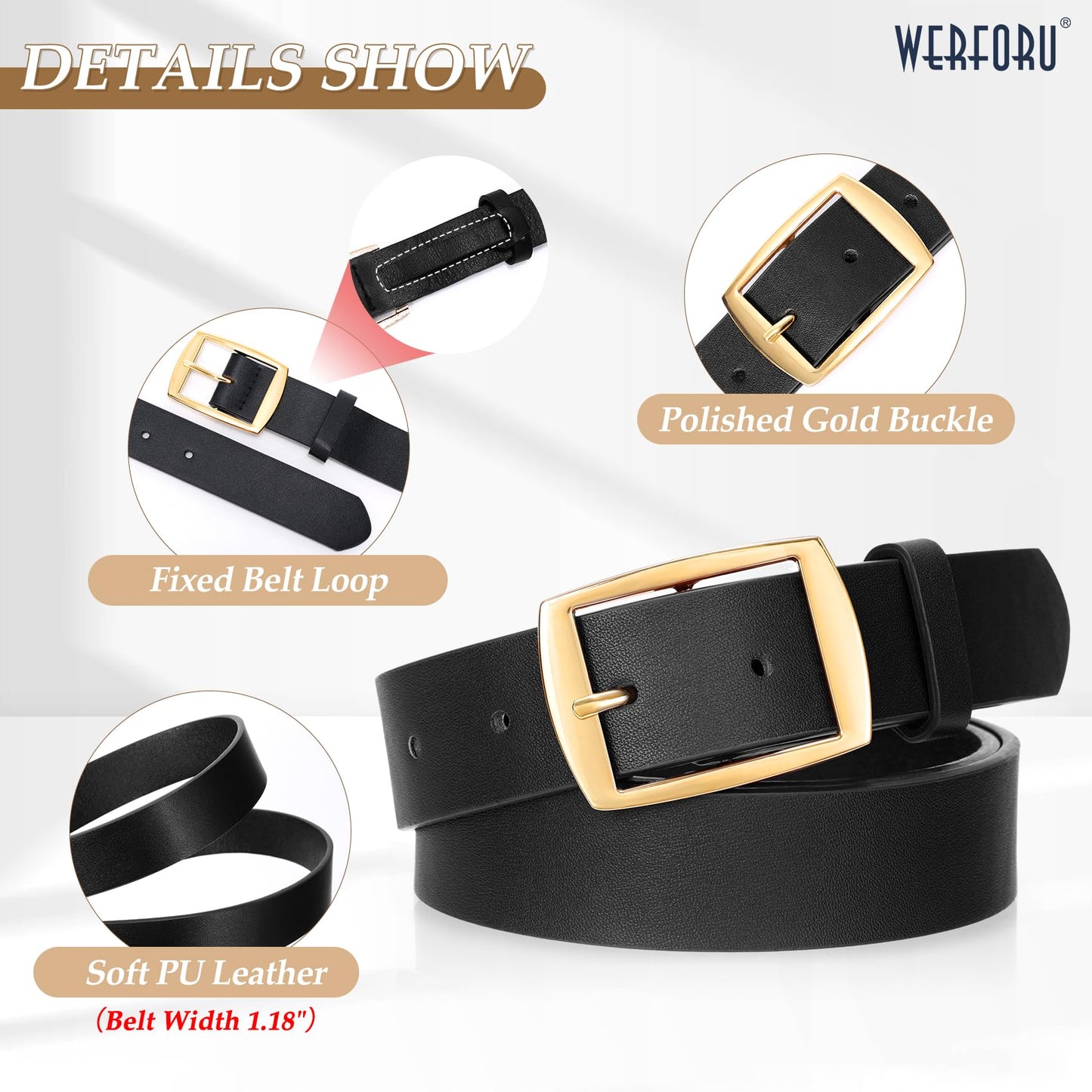 WERFORU 2 Pack Women Leather Belts for Jeans Pants Fashion Leather Belts for Women Waistband with Gold Pin Buckle,A-Black+brown-gold buckle,S:Fit Waist Size 26"-30"