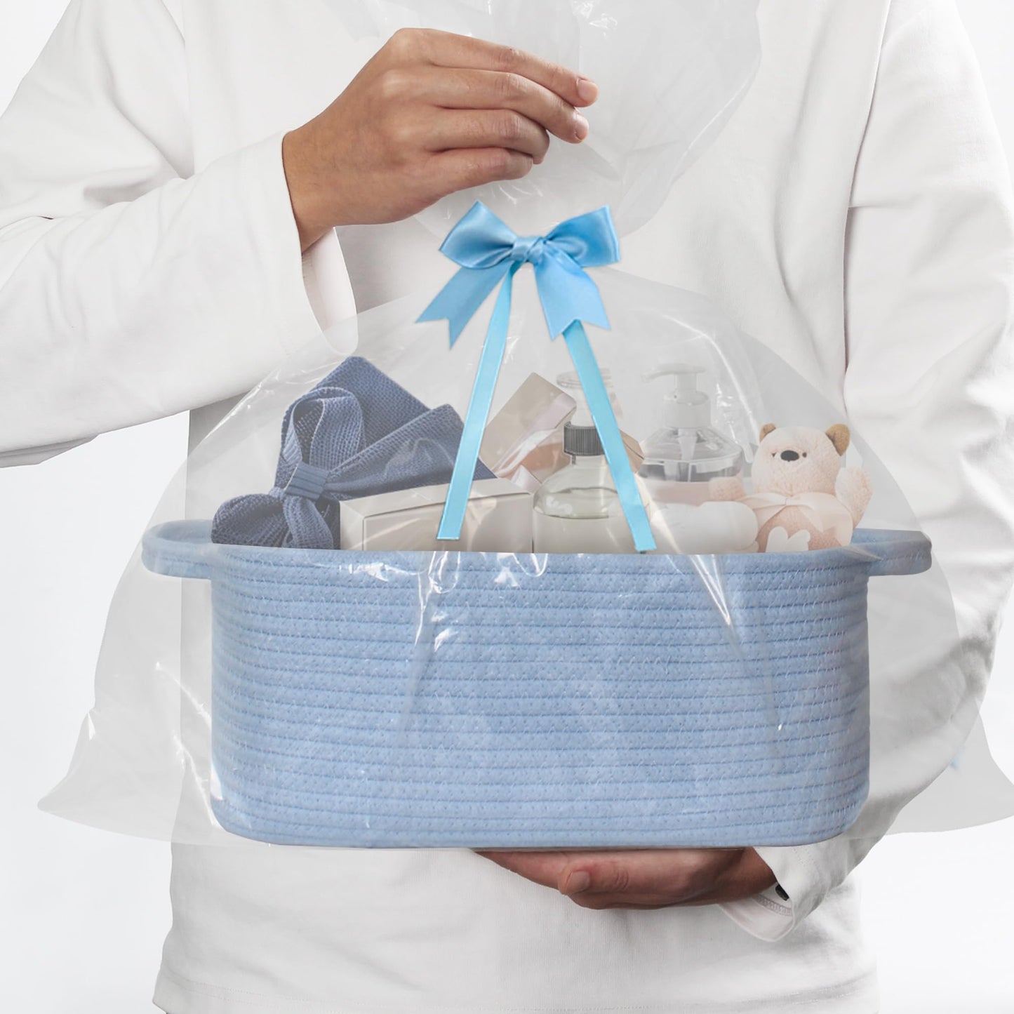 MEGASKET Blue Woven Basket, 13.5” x 10” x 6” Blue Empty Gift Basket to Fill, Decorative Cotton Rope Storage Bin for Organizing, Cute Baby Nursery Organizer, Rectangle Dog Toy Bin, Room Decor