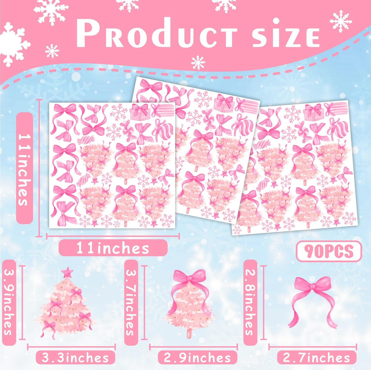 Pink Christmas Wall Stickers Xmas Tree Wall Decals Peel and Stick Bow Sticker for Walls Decoration Indoor Bowtie Decals for Crafts Snowflakes Coquette Art Murals for Girls Bedroom Living Room Decor