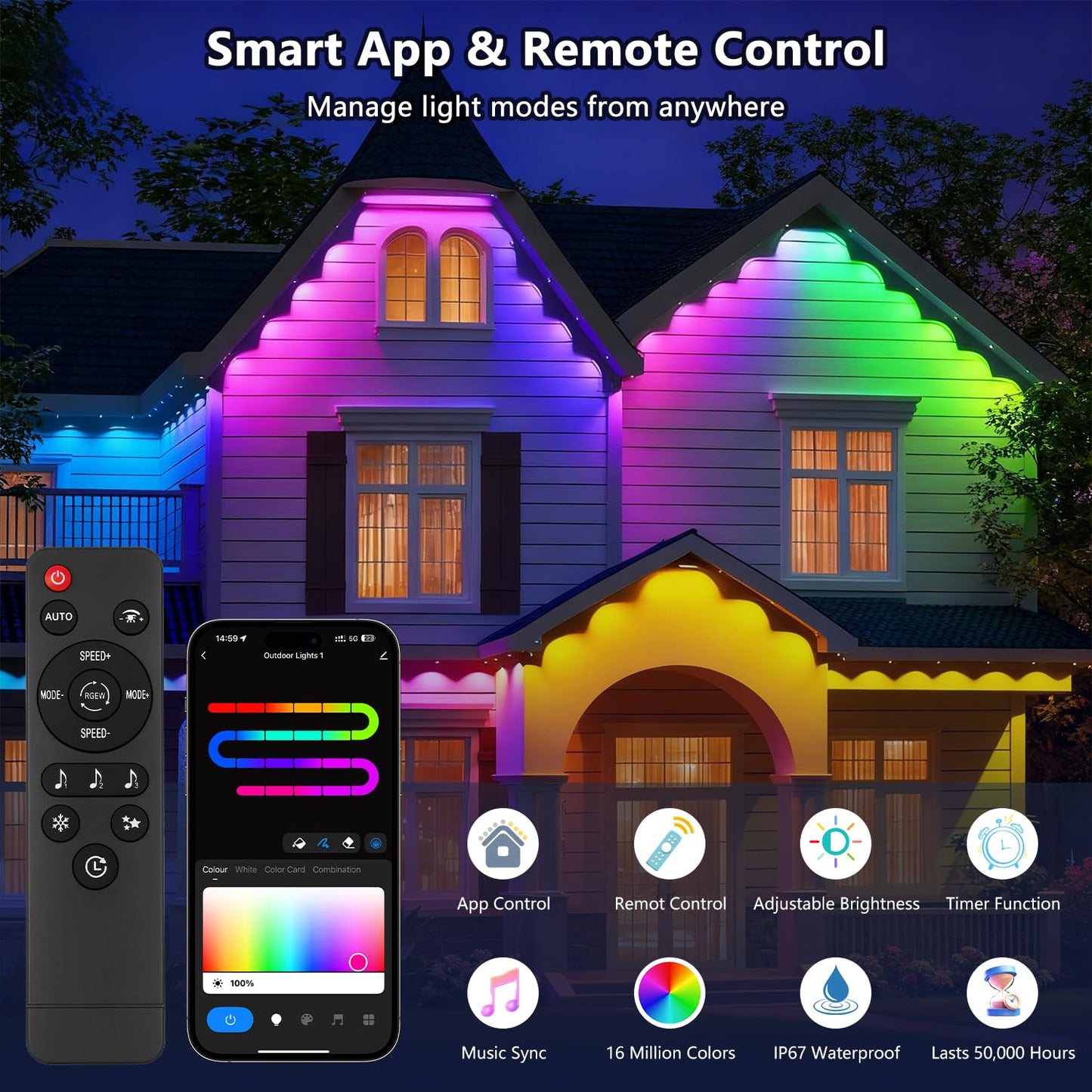YOUBST Permanent Outdoor Lights for House: 100FT 60LED Smart RGB Eave Light for Christmas Decor, Warm/Cool Lighting for Daily Decorations,IP67 Waterproof,Compatible with Alexa Google Assistant
