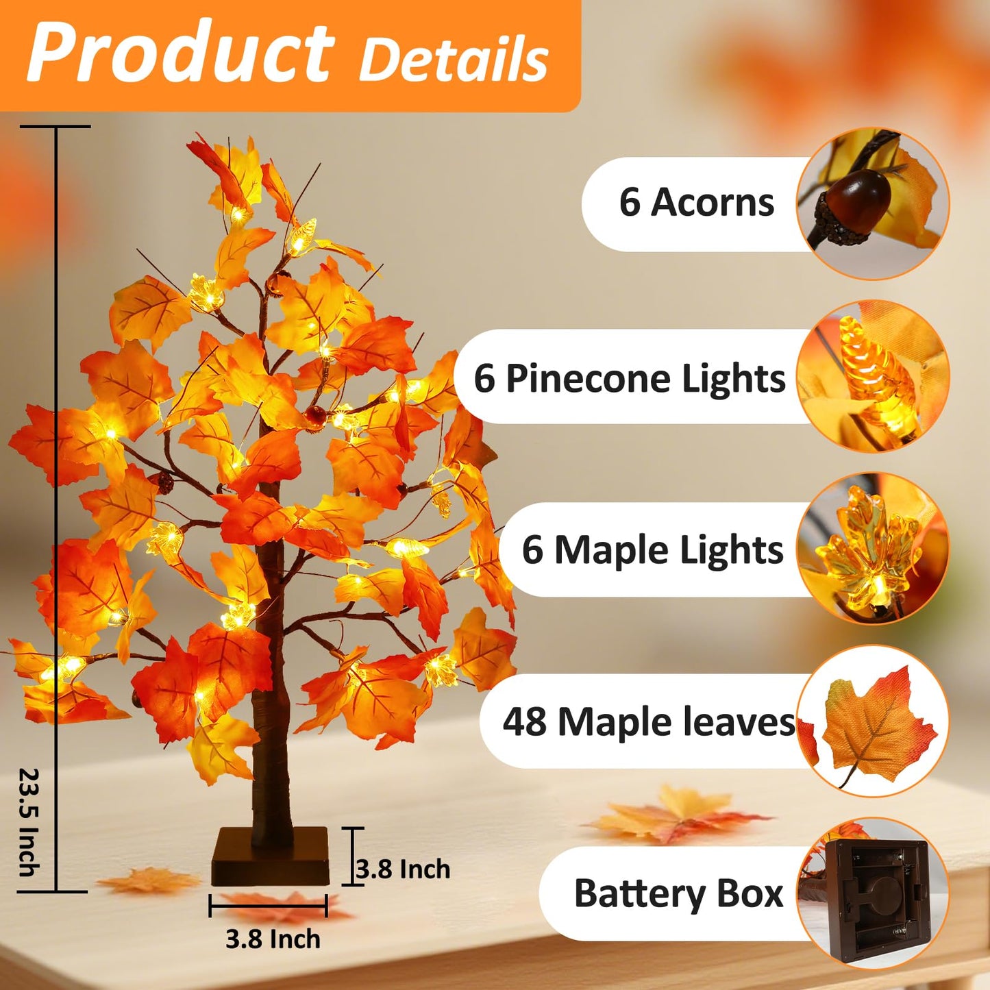 Joyhalo 2 Pack 23.5 Inch Fall Trees with Lights, Timer Battery Operated Fall Light Up Tree for Thanksgiving Autumn Home Office Room Indoor Decorations, Faux Fall Lighted Maple Trees Decor
