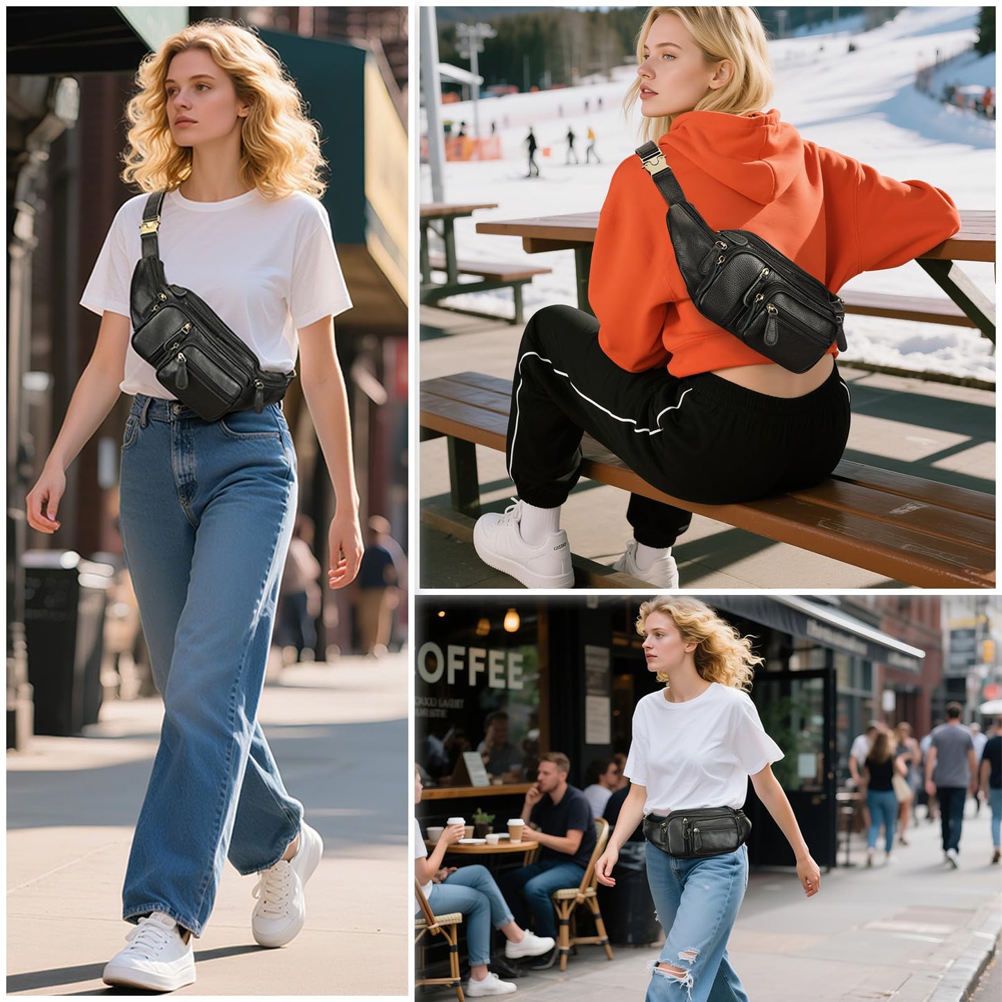 Genuine Leather Fanny Pack large capacity Crossbody Waist Bag with Zipper phone Pockets black