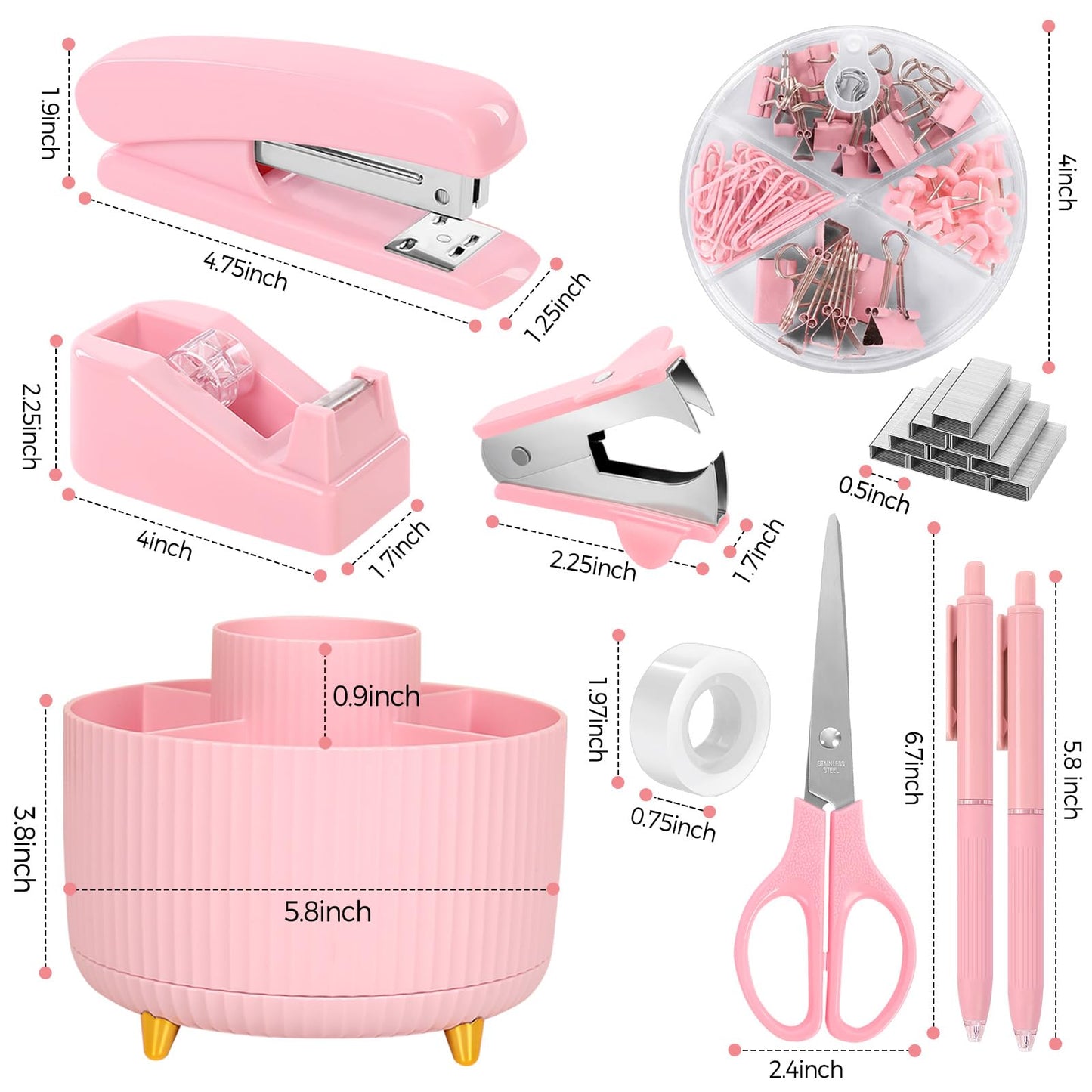 SKYDUE Pink Desk Accessories 10Pcs, Rotating Pen Holder for Desk, Stapler, Staple Remover, Tape Dispenser,2pcs Tape Refills, Binder Paper Clips Kit, Scissor,Pink Office School Supplies