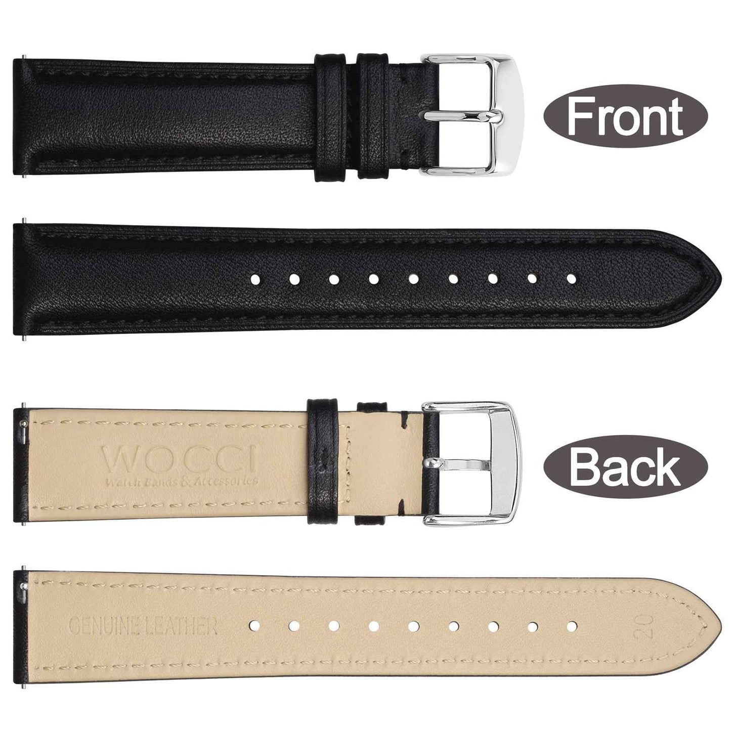 WOCCI 20mm Flower Watch Band for Women and Men, Genuine Leather, Quick Release Strap, Silver Buckle (Black)