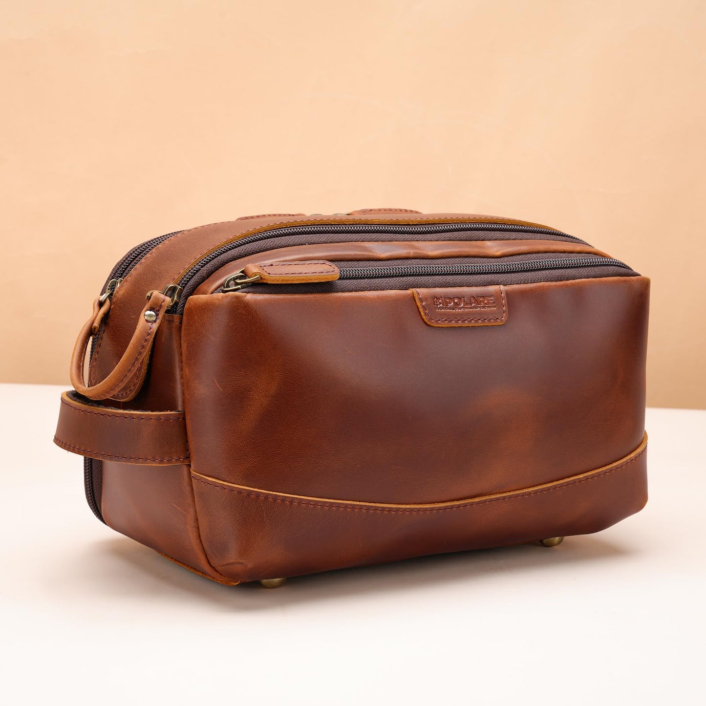 Polare Full Grain Leather Toiletry Bag for Men Large Travel Cosmetic Case Dopp Kit Shaving Kit Wash Pouch with YKK Zippers (Brown)