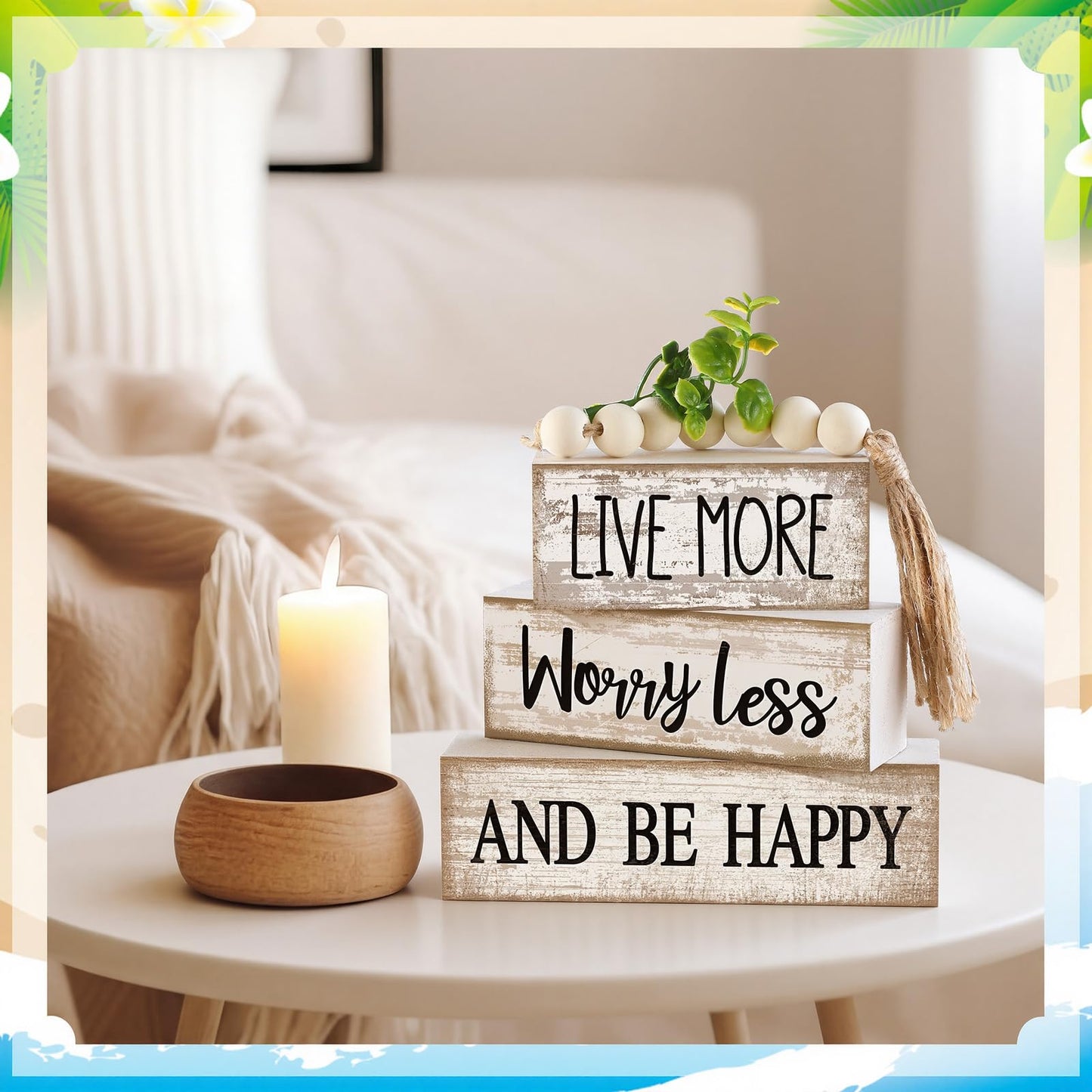 Moucuny 4 Pcs Inspirational Farmhouse Table Decor Rustic Stacked Wooden Block Sign - Live More Worry Less Be Happy Centerpieces Set with Beaded Tassel and Artificial Plant for Home, Office, Shelf Gift