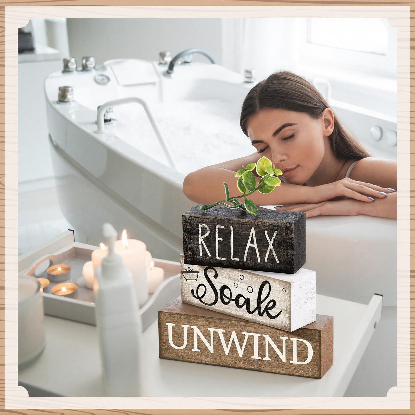 Moucuny 4 Pcs Bathroom Shelf Decor Sign Farmhouse Bathroom Decor and Accessories Rustic Eucalyptus Leaves Wood Block Sign Gift Relax Soak Unwind Farmhouse Table Centerpiece for Home Toilet