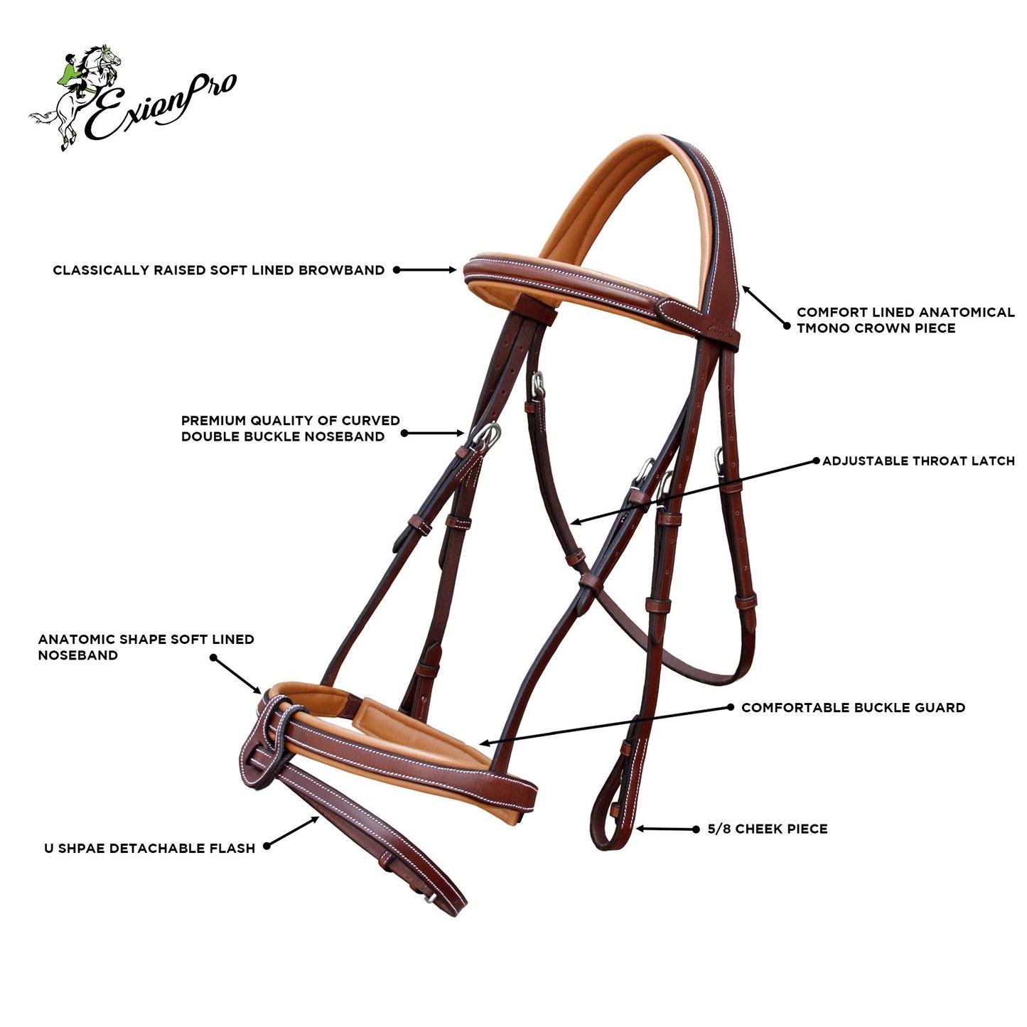 Exion Comfort Soft Lined Snaffle Hunter Jumping Bridle with Detachable Flash & Rubber Reins | Anatomical English Bridle for Horses (Oak Brown, Cob)