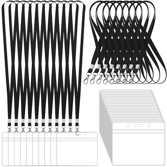 100 Pack Lanyards for ID Badges with Clear Name Tags, Reusable Lanyards Horizontal ID Card Badge Holders Plastic Name Badges for Men Women Kids Business School and Office Supplies (Black)