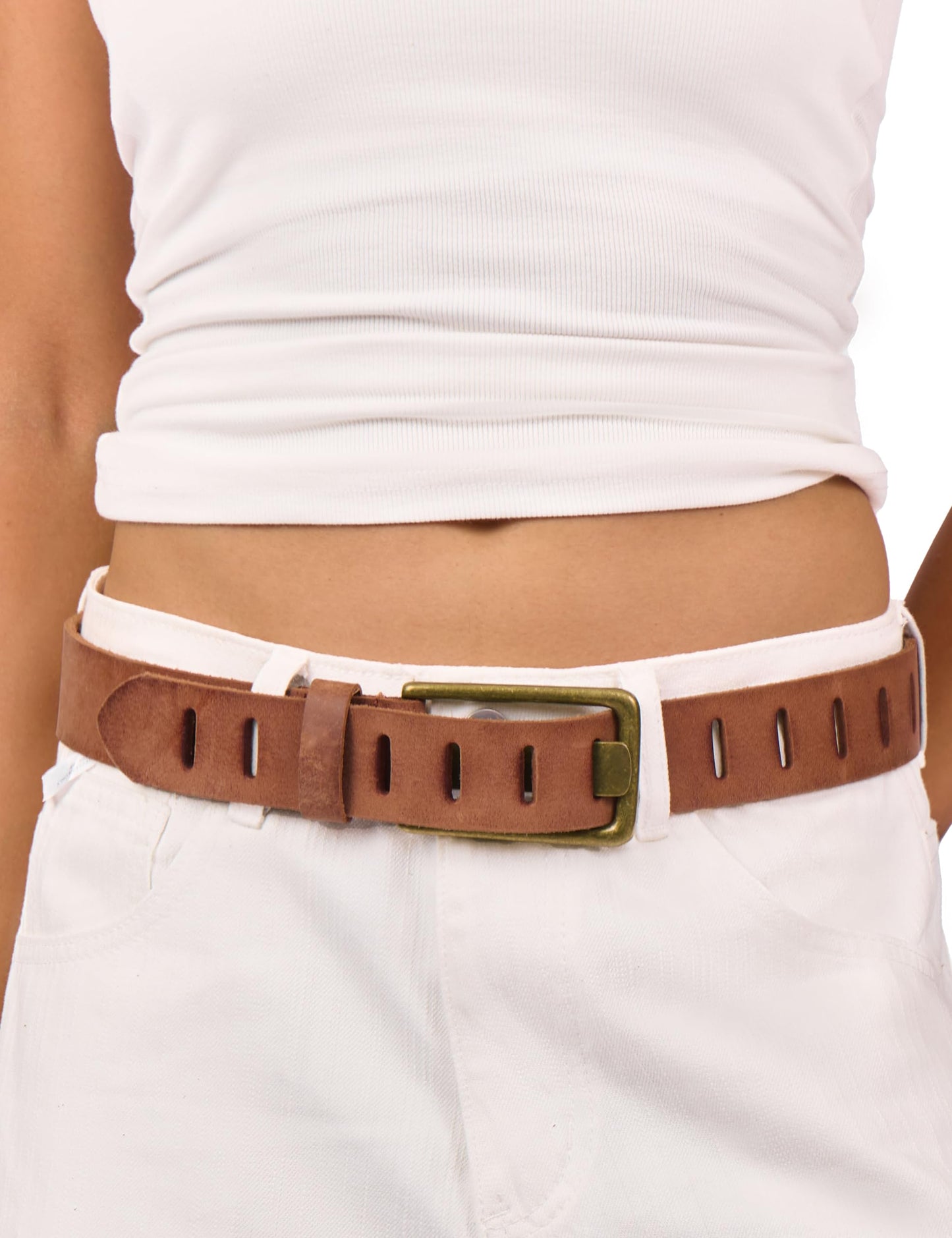 LyzerMia Womens Genuine Leather Belt for Jeans Pants Width 1.57" Western Cowgirl Wide Belts for Ladies with Gift Box, Tan, Fit for Low Waist 30"-34"