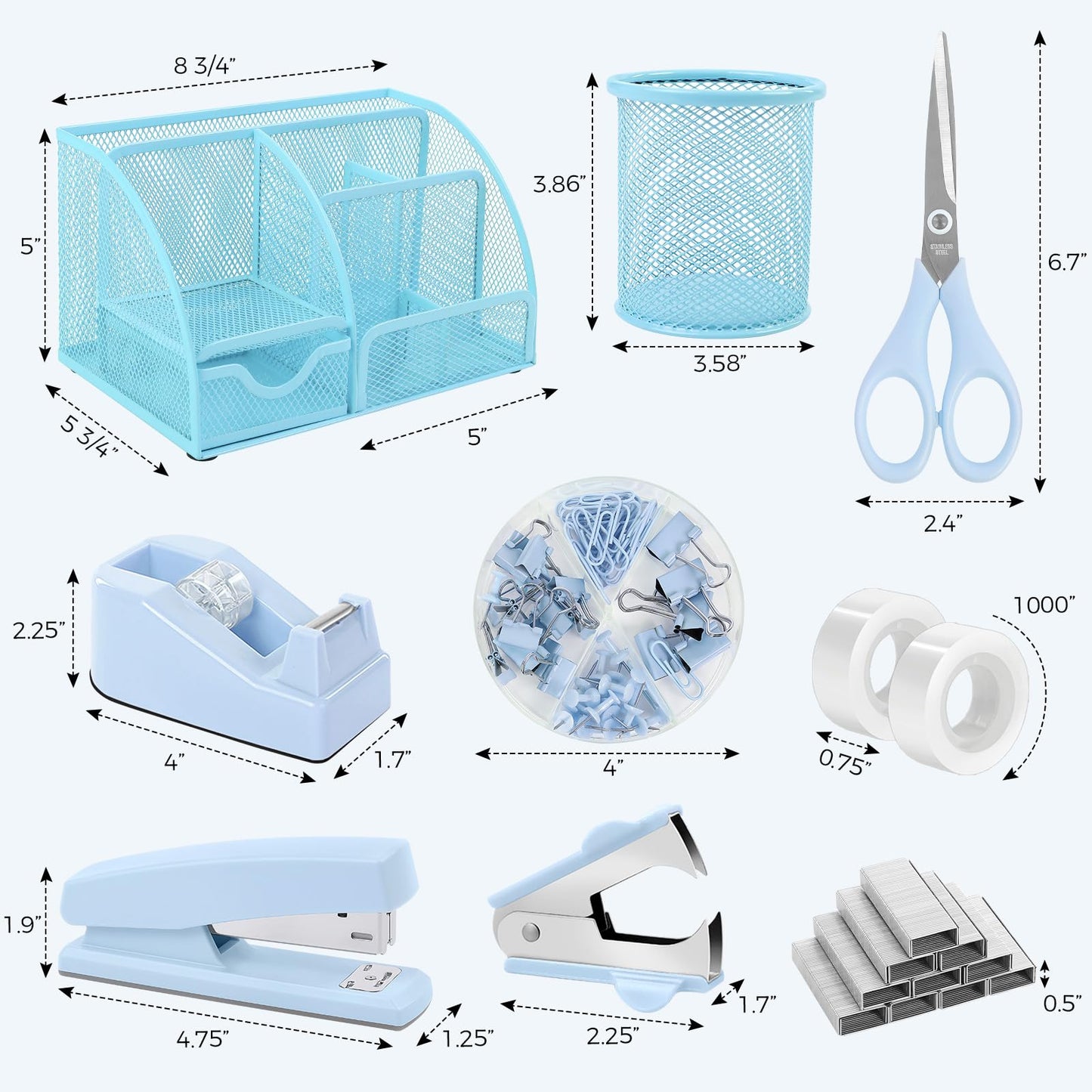 SKYDUE Blue Office Supplies Set, Office Desk Accessories, Mesh Desk Organizer, Stapler, Tape Dispenser, Scissors, Binder/Paper Clips and 1000pcs Staples, Office Supplies for Teacher
