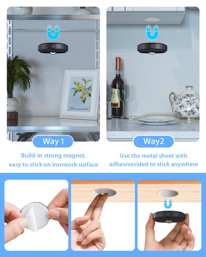 WILLED Rechargeable RGB Puck Lights with Remote Control, 1200mAh Battery Operated Tap Lights, Dimmable Touch Under Cabinet Lighting, Wireless Push Light, LED USB Shelf Light (6 Pack)