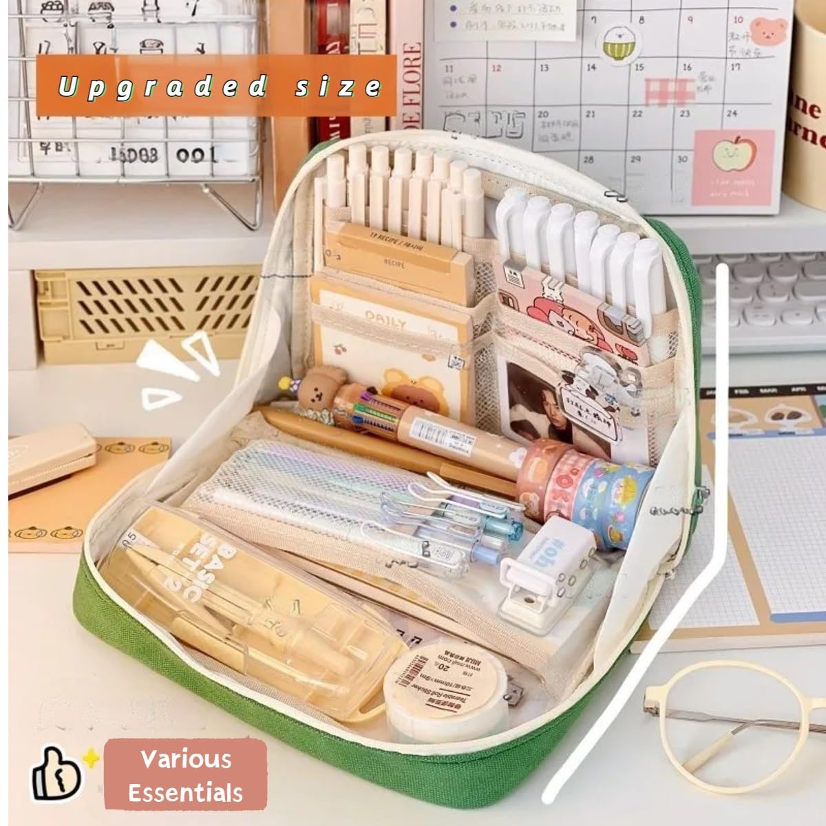Fcteap Pencil Case Pouch Box Cute Kawaii Large Capacity Aesthetic Zipper Pen Holder Organizer Bag for Office Workspace Supplies Desk Accessories Travel (Green)
