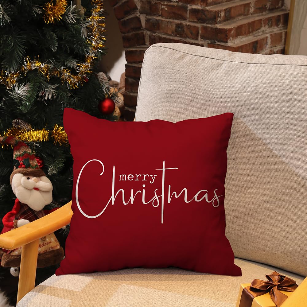 Allorry Christmas Pillow Covers Merry Christmas Throw Pillow Decorative Christmas Red Cotton Cloth Linen Cloth Pillow Cover Sofa Cover Decorative Rectangle Length 18X18 inches