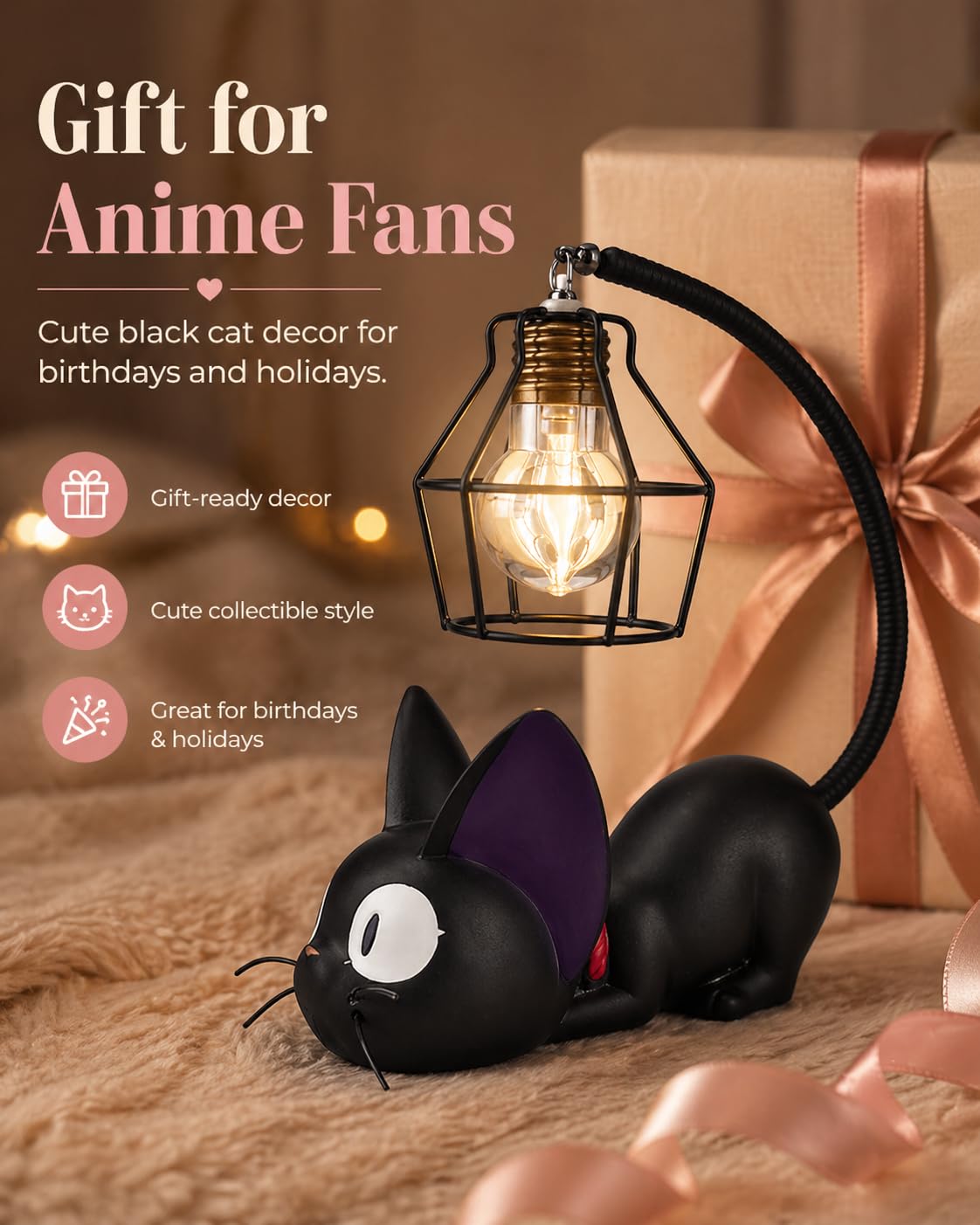 OVANUS Jiji Cat Lamp, Kiki's Delivery Service Night Light, Studio Ghibli Inspired Resin Black Cat Lamp for Bedroom Desk Shelf Decor, Gift for Anime Fans