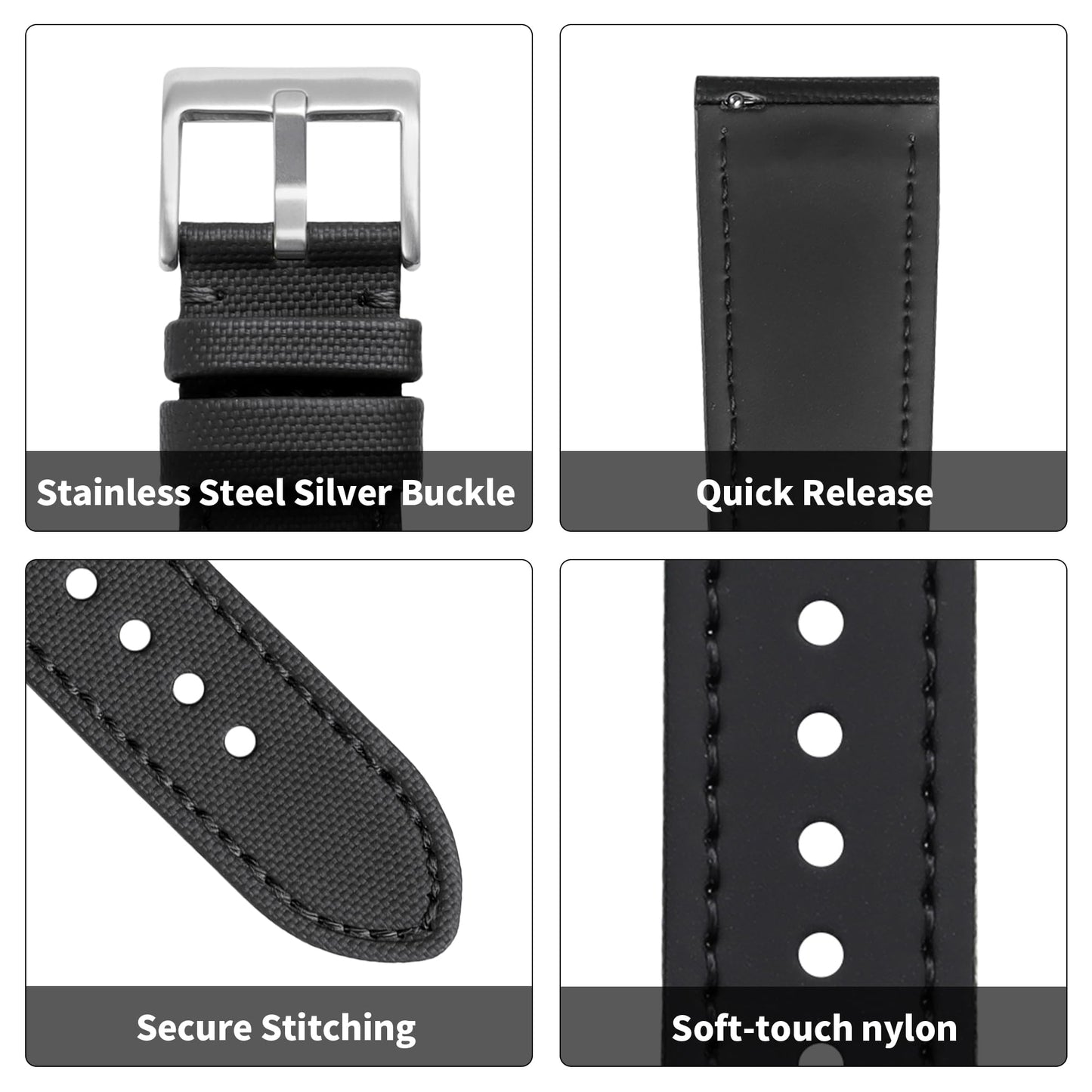JUNGHELE Nylon watch band for men and women,Quick Release Premium Oxford Waterproof Fabric Weave Back Lining Leather Nylon watch strap with Stainless-Steel Buckle,Black 18mm watch band