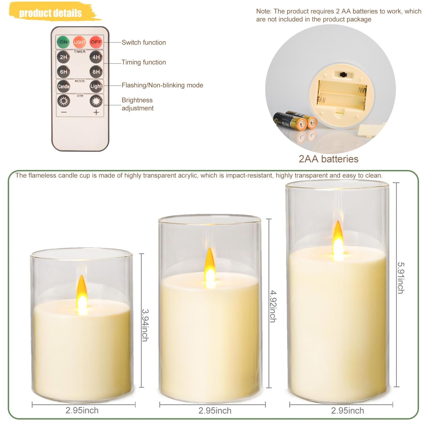 Eynshoo Flameless Candles with Remote&Timer - Realistic 3D Flickering Flame LED Battery Operated Candles, Warm White Light for Home Decor, Christmas, Wedding, Party, and Holiday Decoration
