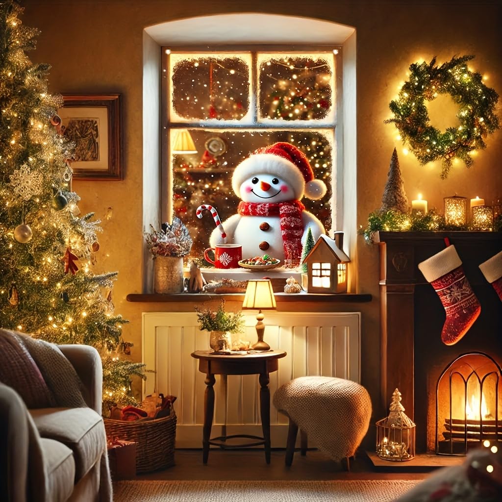 Tomhong Christmas Snowman Window Banner 31x47 Inch Holiday Decoration Cozy Indoor Outdoor Home Wall or Window Display with Snowy Scene and Warm Lights