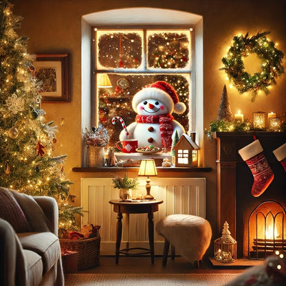 Tomhong Christmas Snowman Window Banner 31x47 Inch Holiday Decoration Cozy Indoor Outdoor Home Wall or Window Display with Snowy Scene and Warm Lights