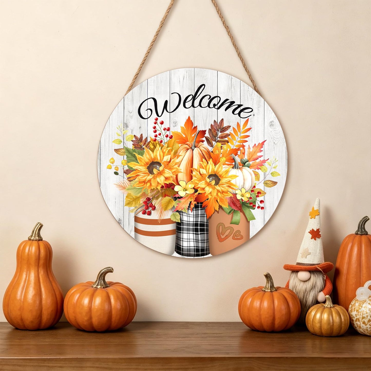 Harooni Fall Welcome Sign Door Sign 12"x12" Rustic Fall Decorations Hanging Door Sign Thanksgiving Farmhouse Welcome Round Wooden Sign for Home Front Door Wall Porch Yard Garden